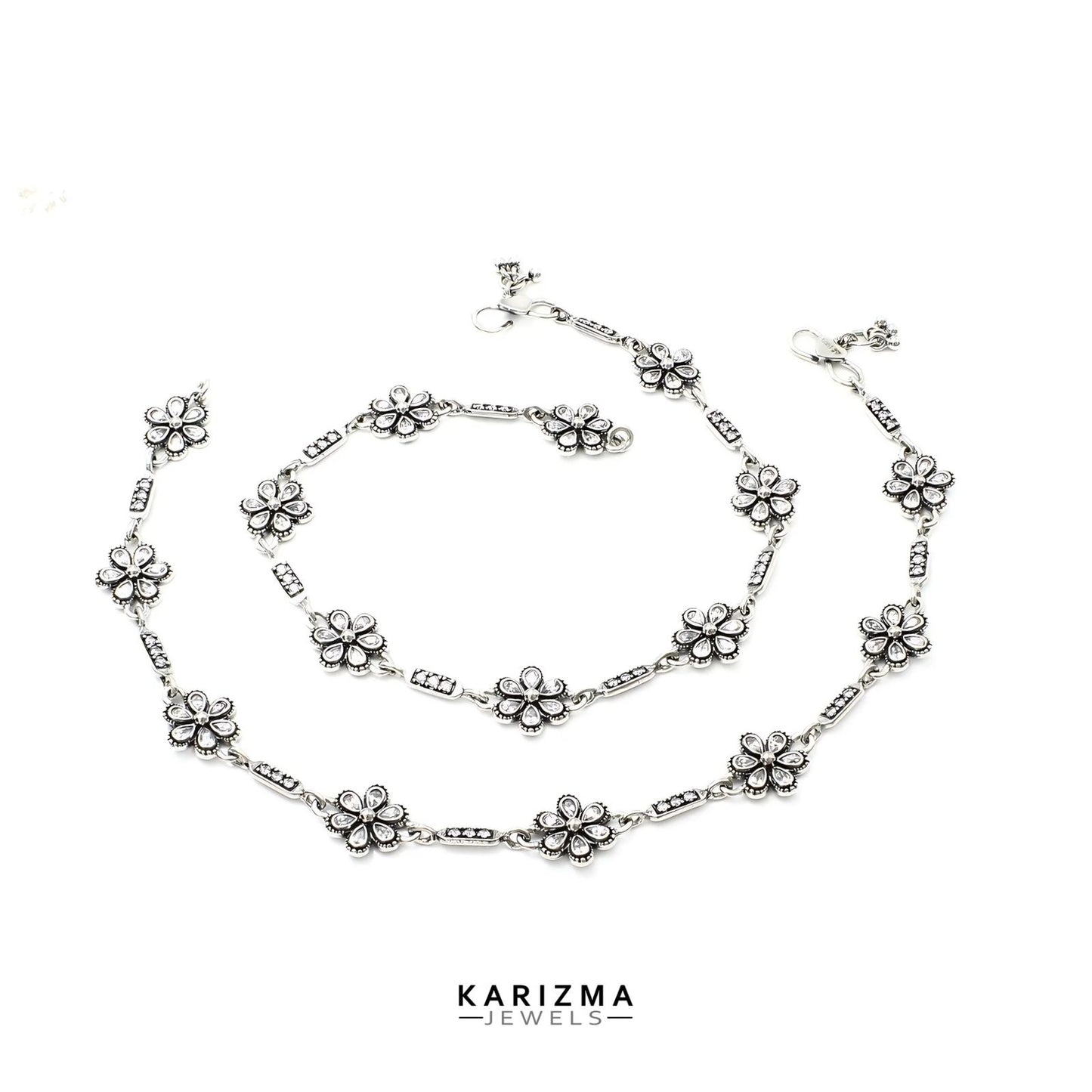 Unique trendy 925 Sterling Silver women White CZ Oxidised Anklets Pair 10.2"