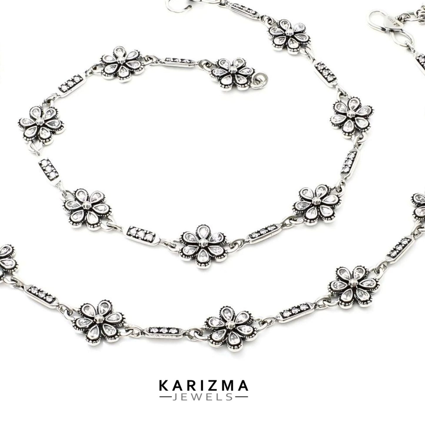 Unique trendy 925 Sterling Silver women White CZ Oxidised Anklets Pair 10.2"