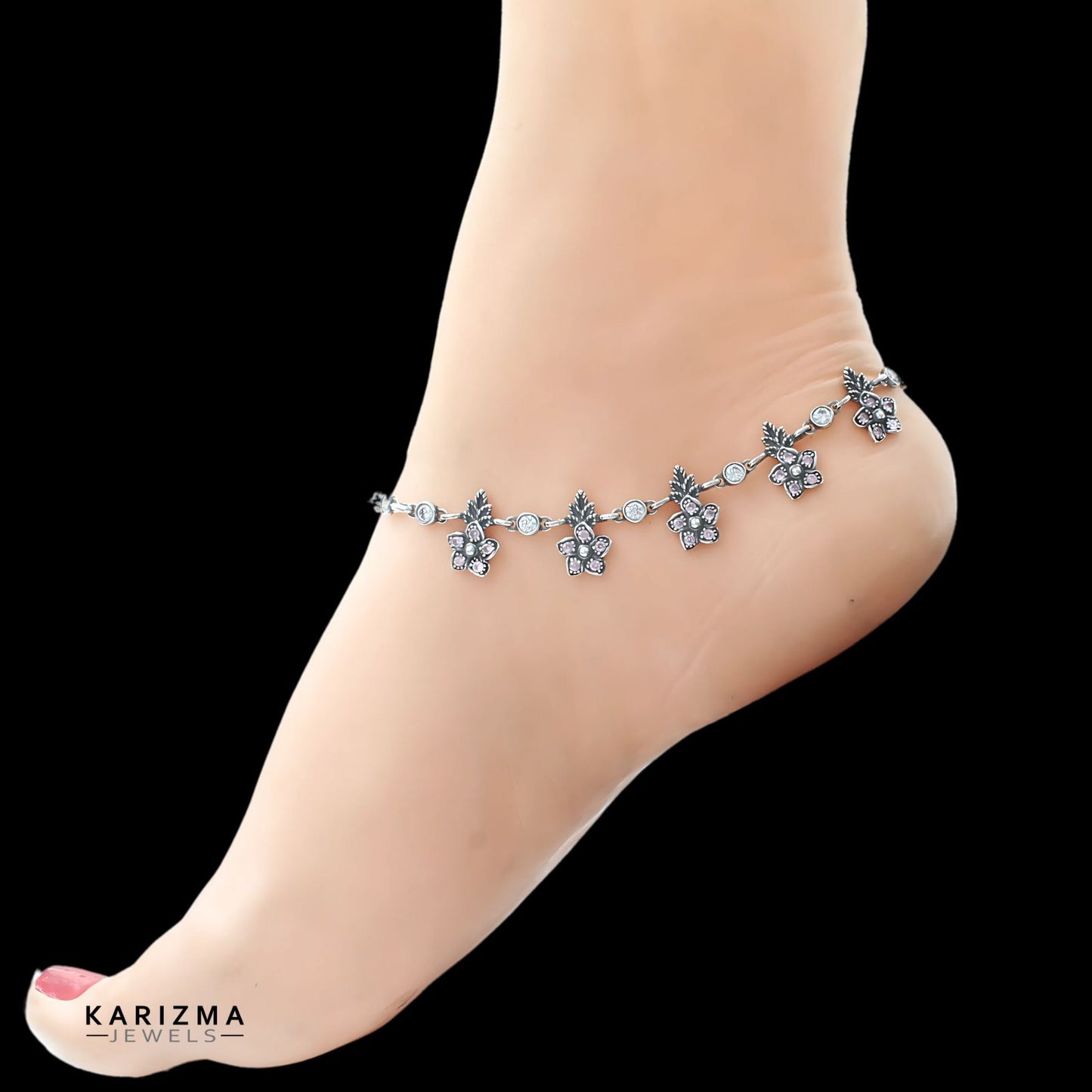 925 Sterling Silver women Pink White CZ boho style Oxidised Anklets Pair 10.7"