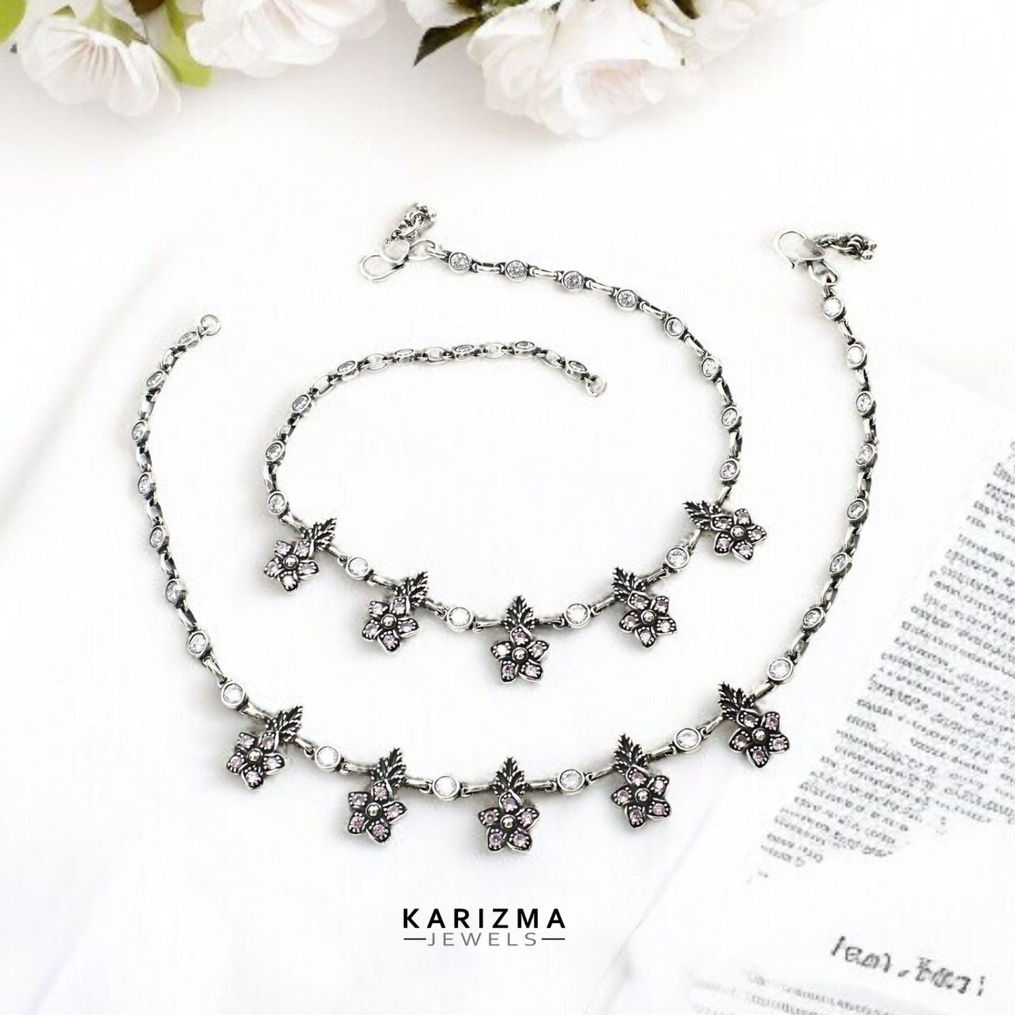 925 Sterling Silver women Pink White CZ boho style Oxidised Anklets Pair 10.7"