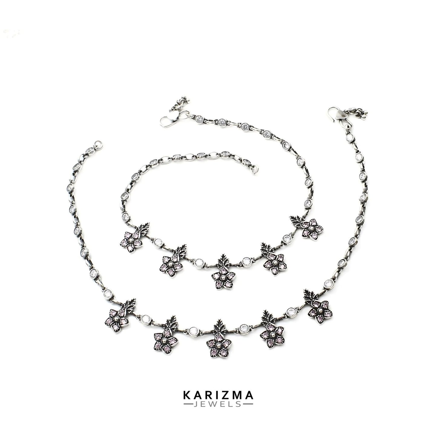 925 Sterling Silver women Pink White CZ boho style Oxidised Anklets Pair 10.7"