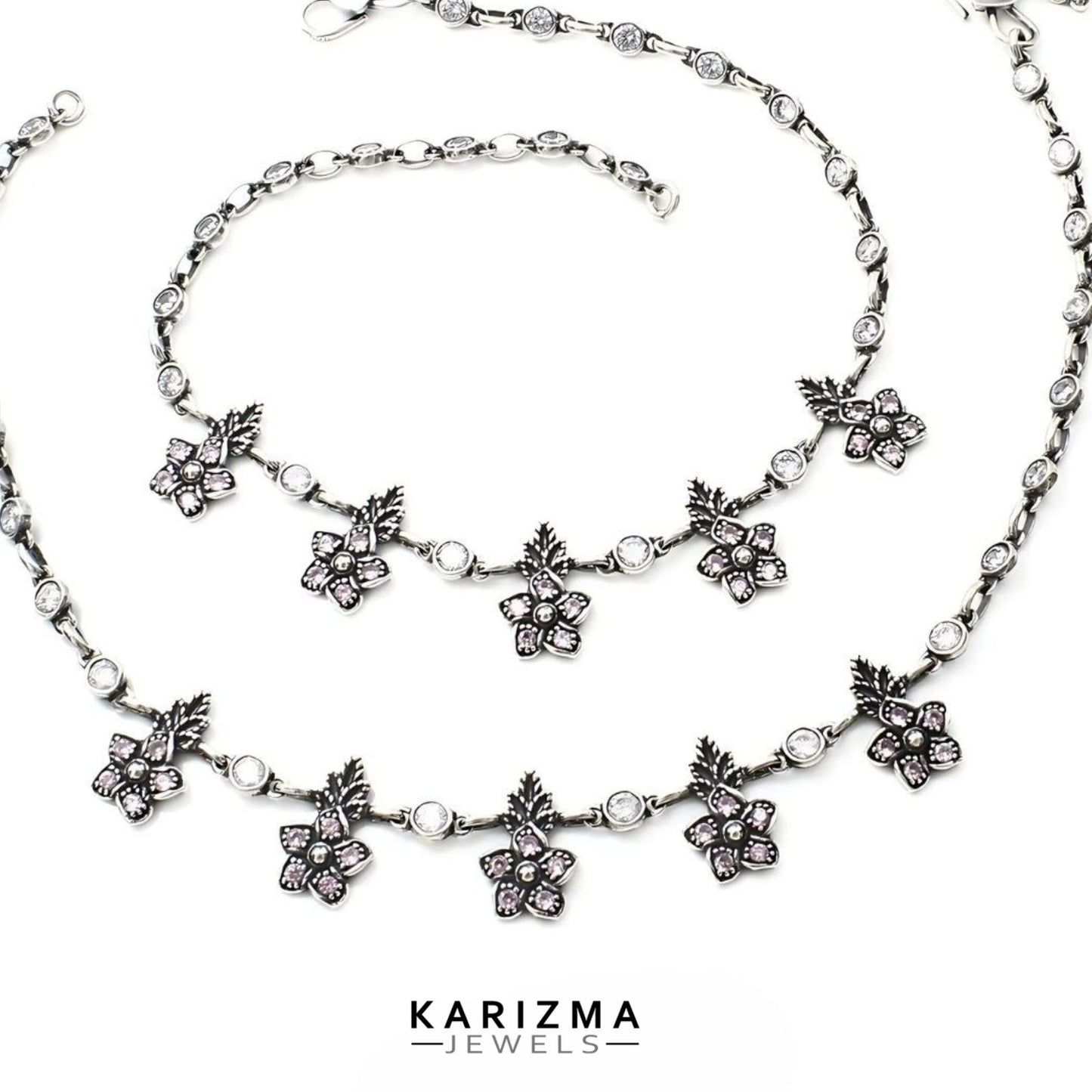 925 Sterling Silver women Pink White CZ boho style Oxidised Anklets Pair 10.7"