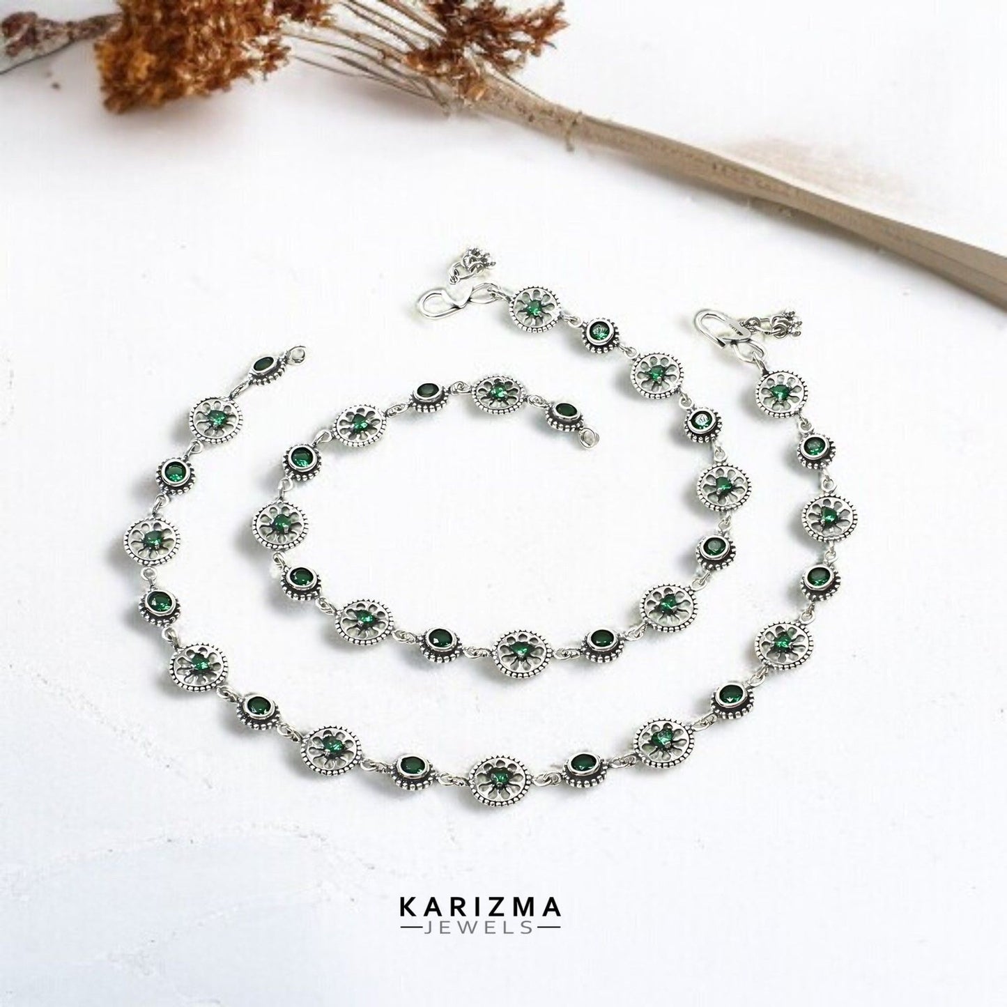 925 Sterling Silver Green CZ floral design Oxidised Anklets Pair 10.3"