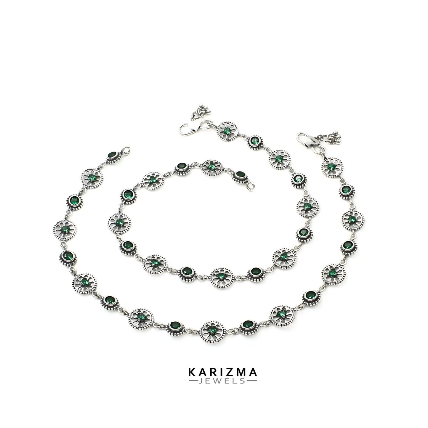 925 Sterling Silver Green CZ floral design Oxidised Anklets Pair 10.3"