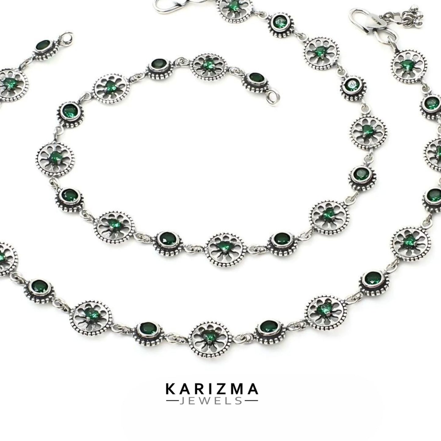925 Sterling Silver Green CZ floral design Oxidised Anklets Pair 10.3"