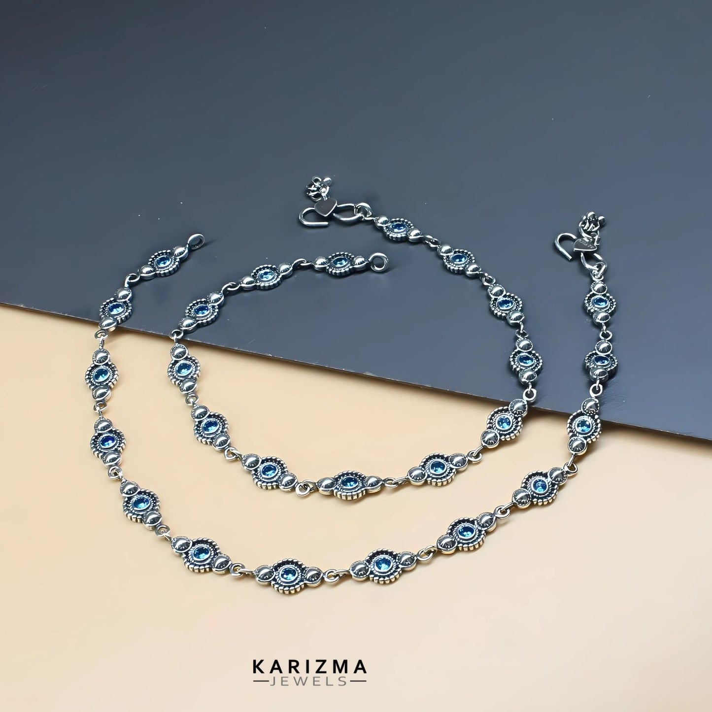 Beach wear 925 Sterling Silver Blue CZ Oxidised Women Anklets Pair 10.2"