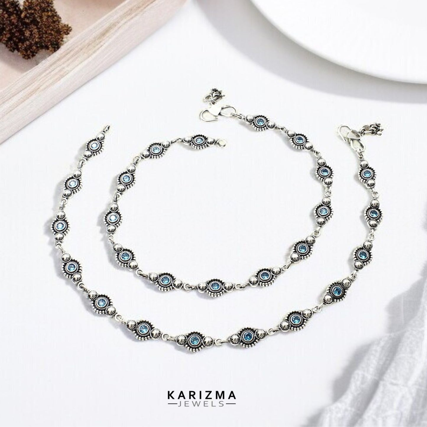 Beach wear 925 Sterling Silver Blue CZ Oxidised Women Anklets Pair 10.2"