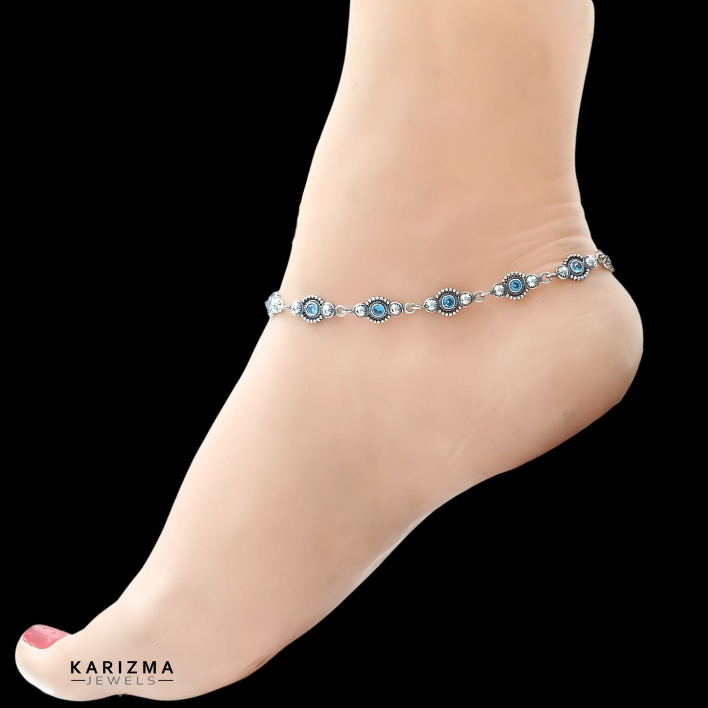 Beach wear 925 Sterling Silver Blue CZ Oxidised Women Anklets Pair 10.2"