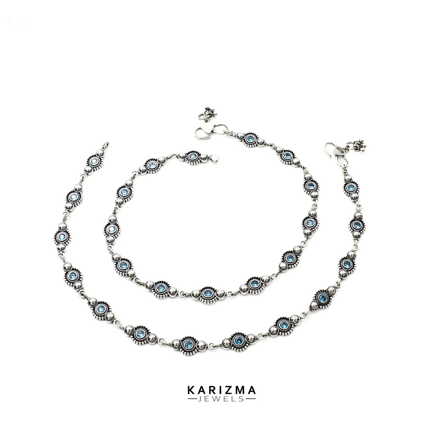 Beach wear 925 Sterling Silver Blue CZ Oxidised Women Anklets Pair 10.2"