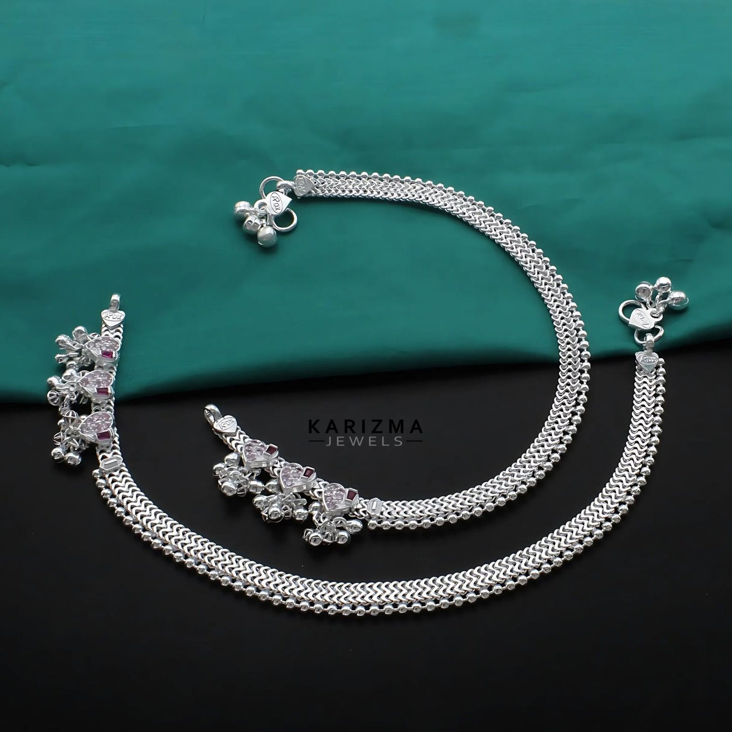 Real Sterling Silver women Pink CZ heart design Anklet Ankle Bracelet 10"