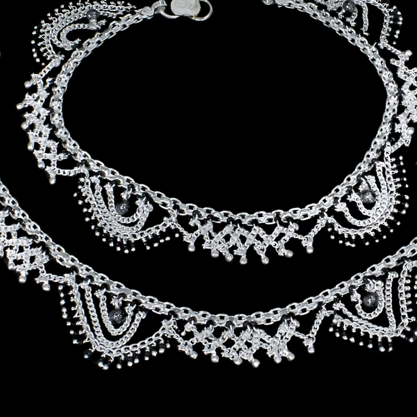 Bridle style Real Sterling Silver Black Beads Indian women Jhallar Anklets Ankle Pair 10.5"