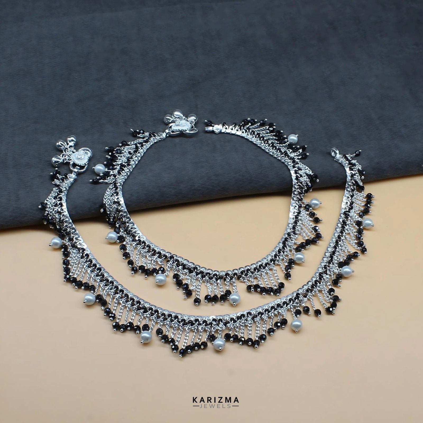 Real Silver Black Beads with Pearl Indian women jhallar cute