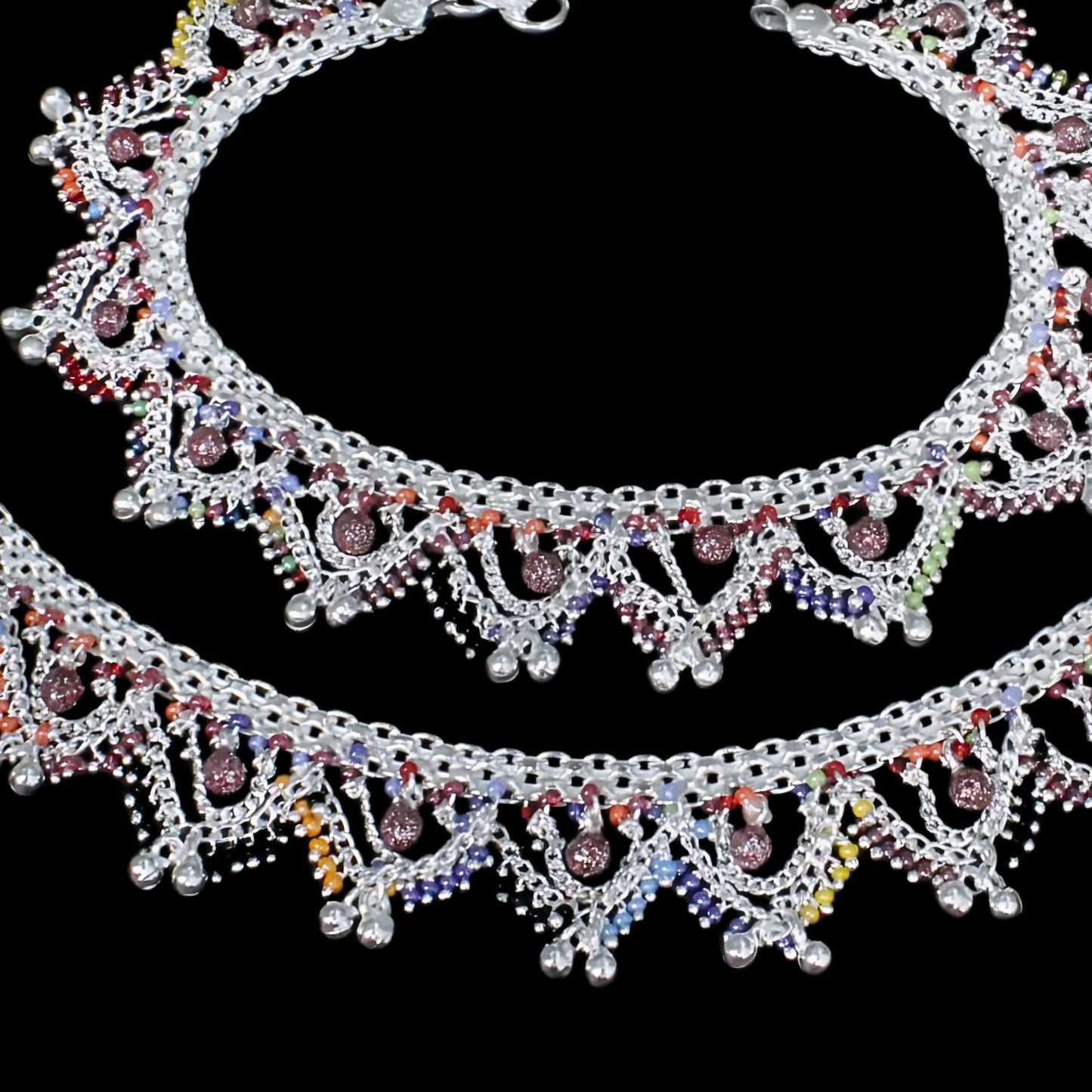 Indian wedding collection Real Silver Multi Beads women jhallar Anklets Ankle Pair 10.5"