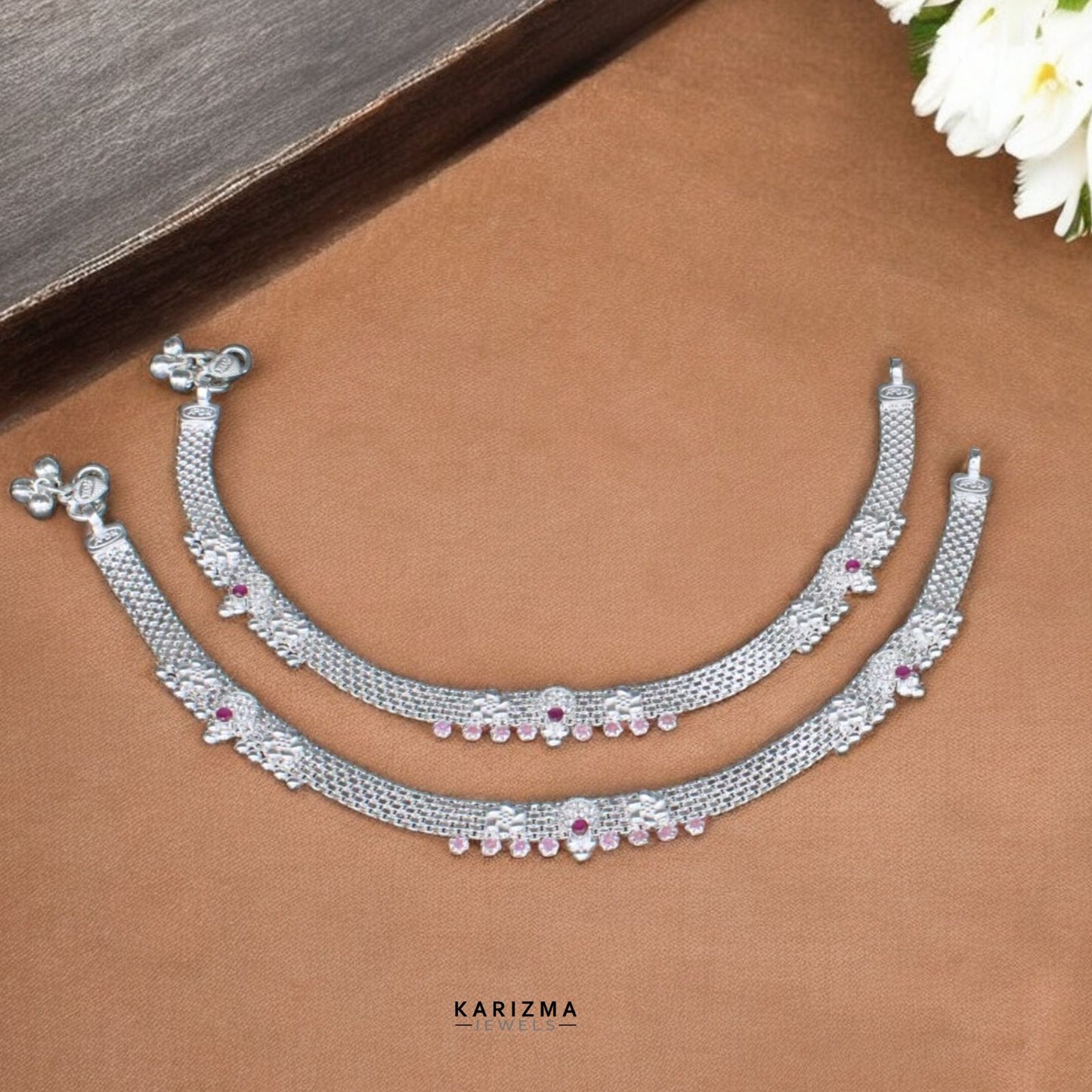 Real Sterling Silver Indian women CZ Anklets Ankle Pair 10.3"