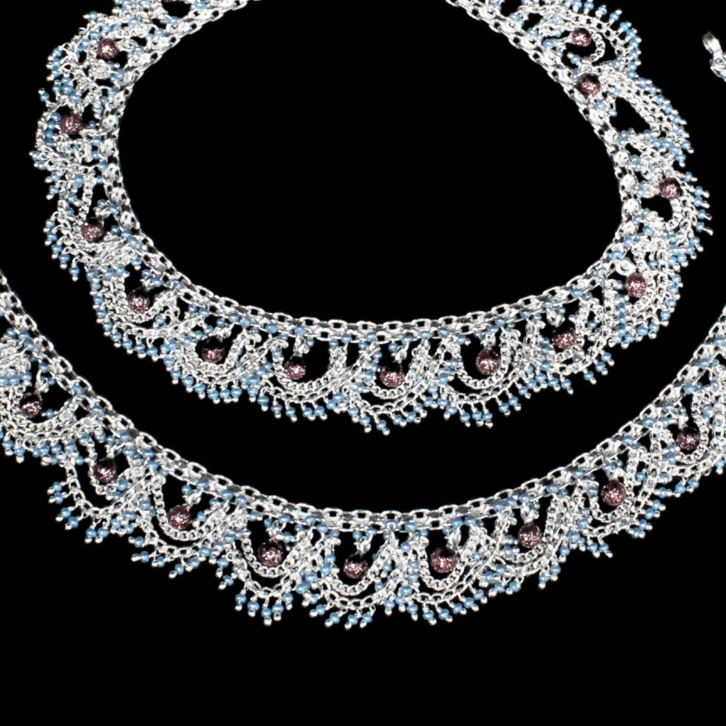 Real Silver Blue Beads Indian women bridle style jhallar Anklets Ankle Pair 10.5"