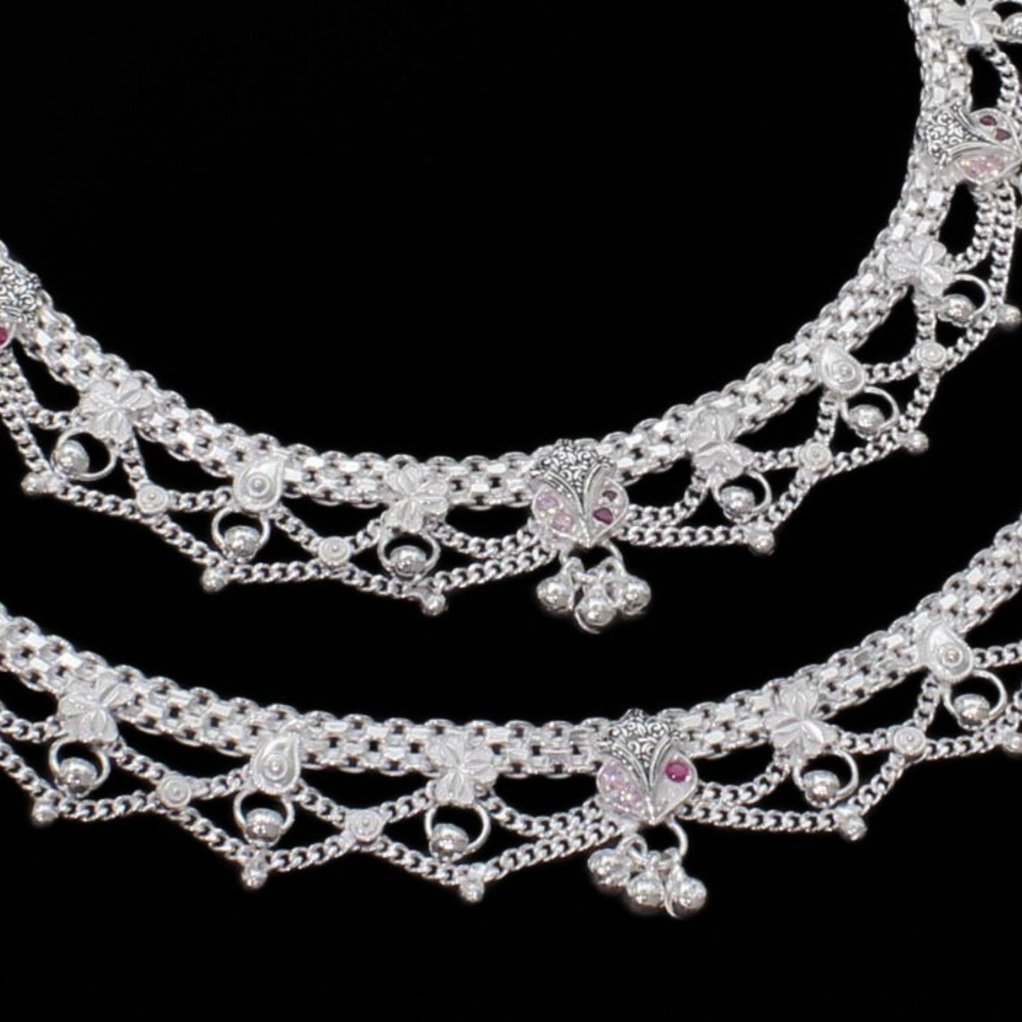 Real Silver Indian women pink CZ Excellent Anklets Ankle Pair 10.3"