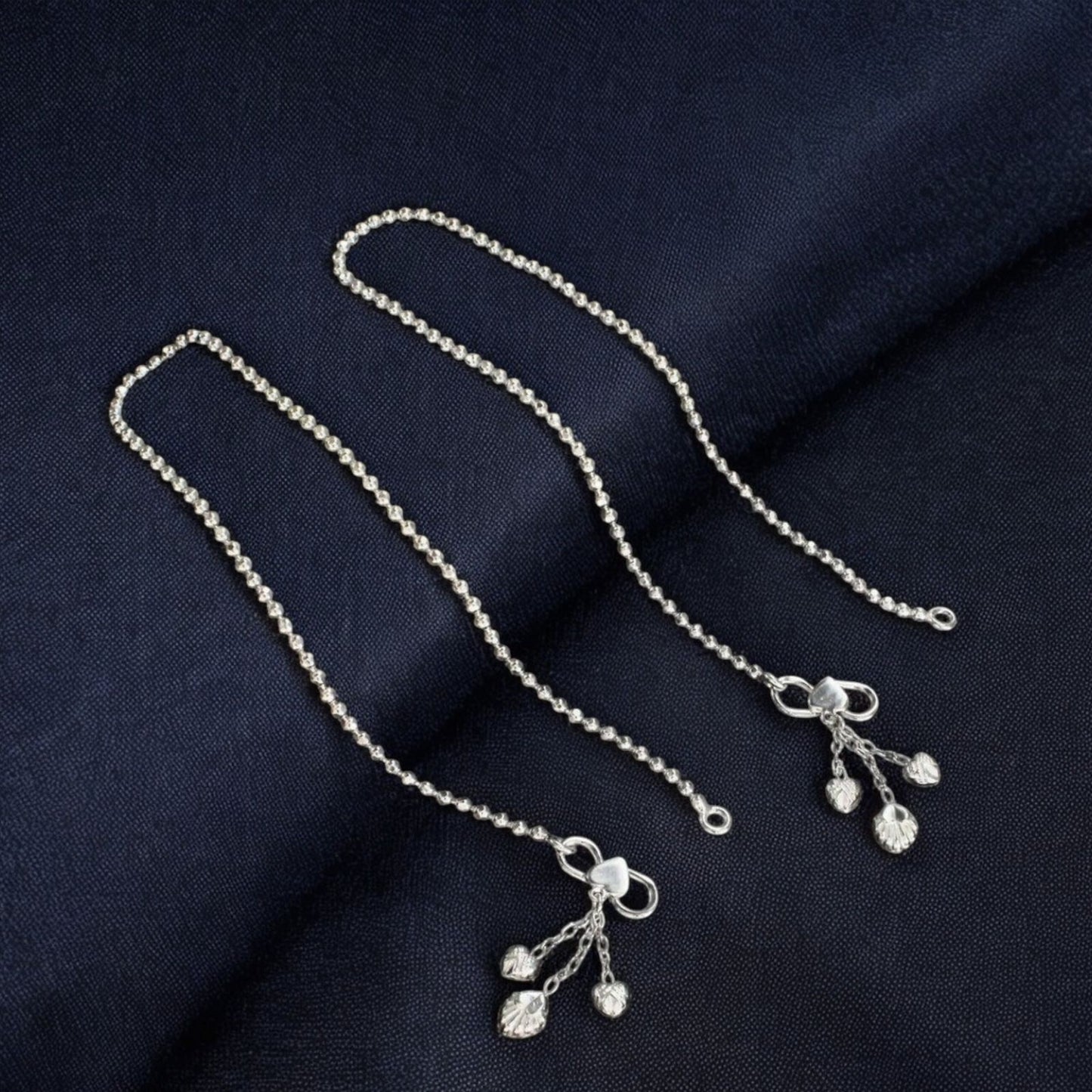 Girlish 925 Sterling Silver excellent ball beaded Chain Anklet Pair 10.3"