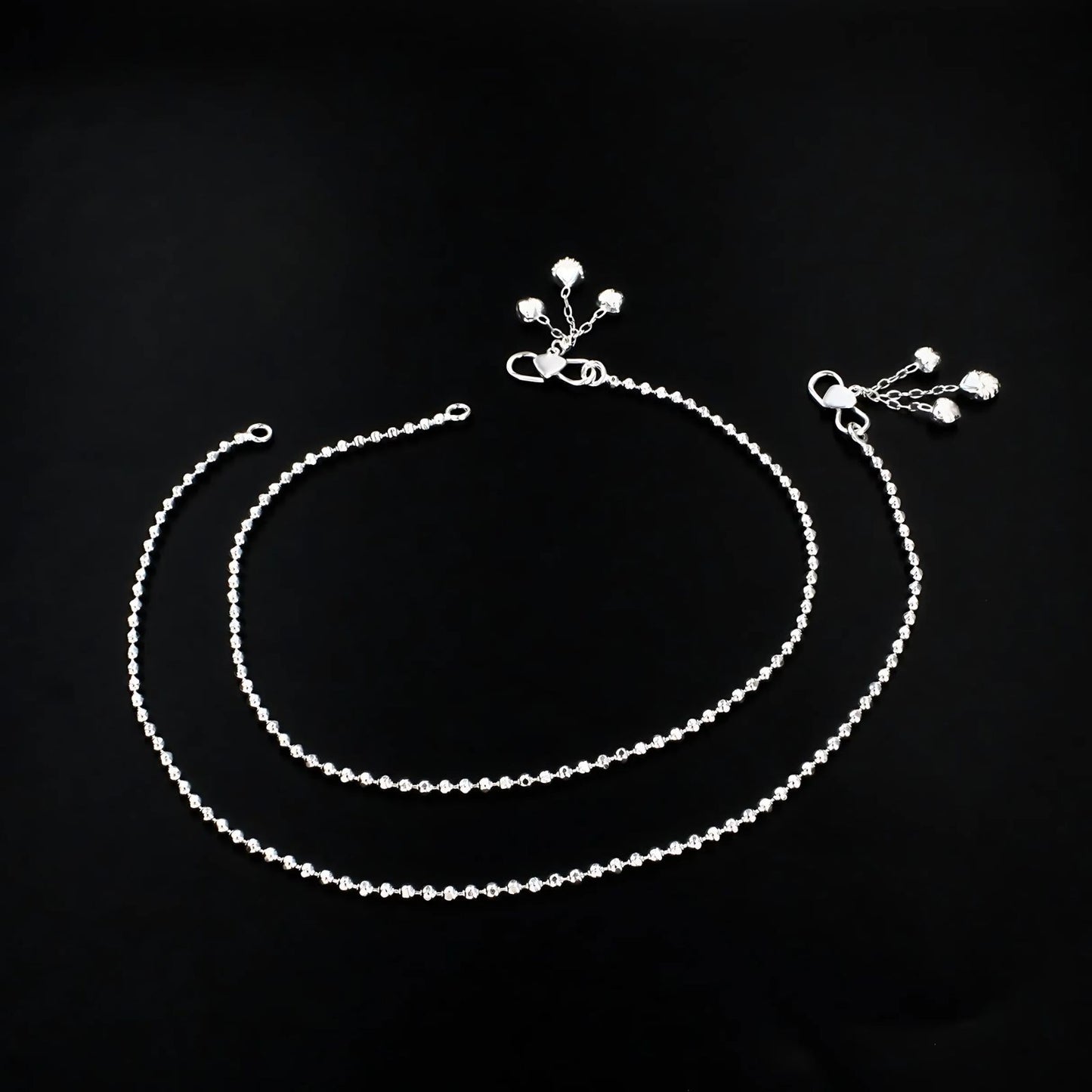 Girlish 925 Sterling Silver excellent ball beaded Chain Anklet Pair 10.3"