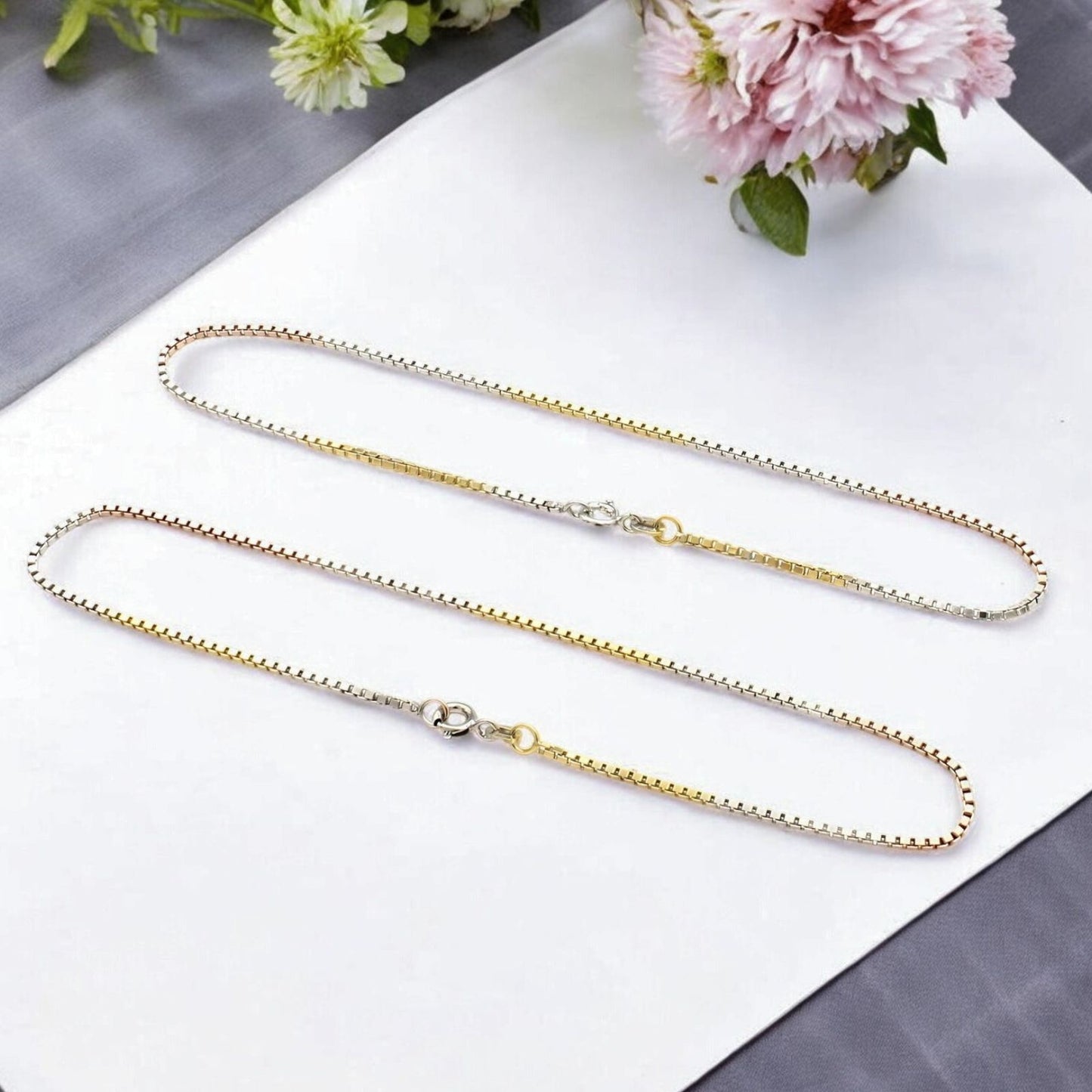 Trendy three tone Girlish 925 Sterling Silver box Chain Anklet Pair 10.3"