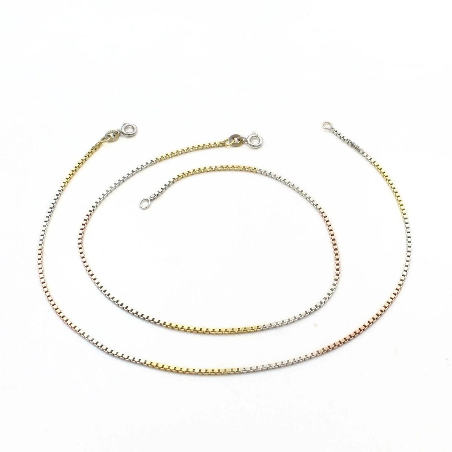 Trendy three tone Girlish 925 Sterling Silver box Chain Anklet Pair 10.3"