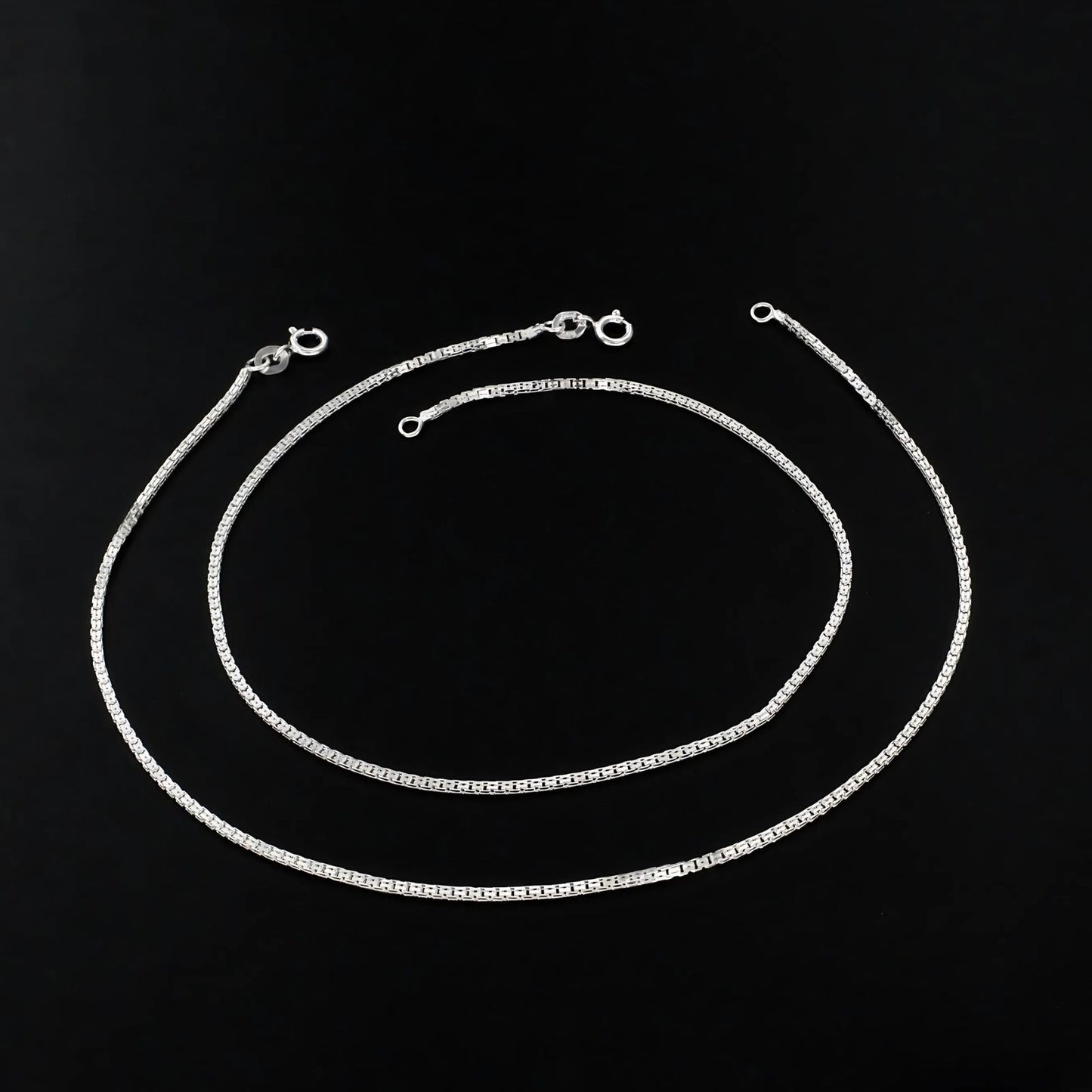 925 Sterling Silver box Chain Anklet Pair 10.3"