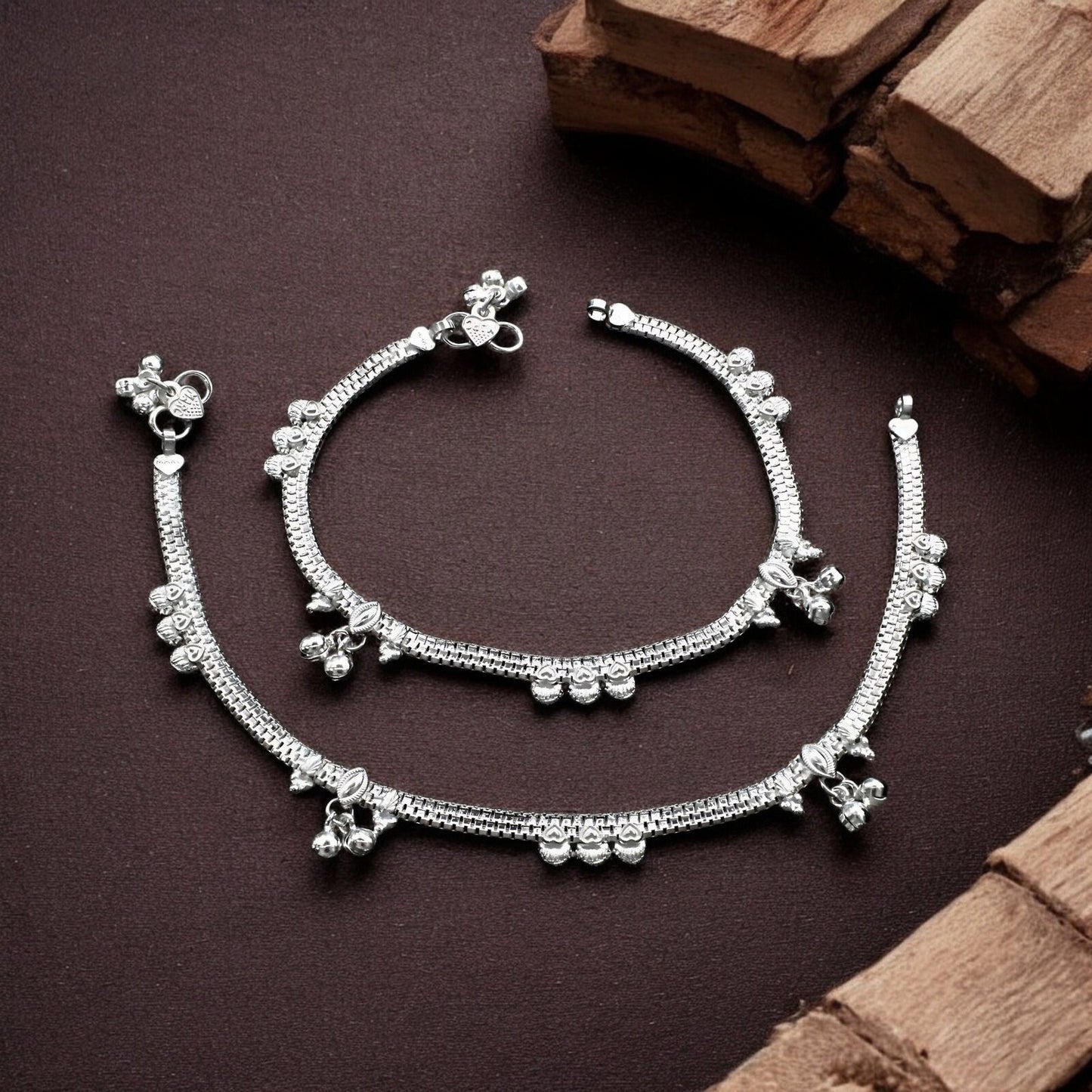 Real Sterling Silver women handmade Heart design Anklet Ankle Pair 10"