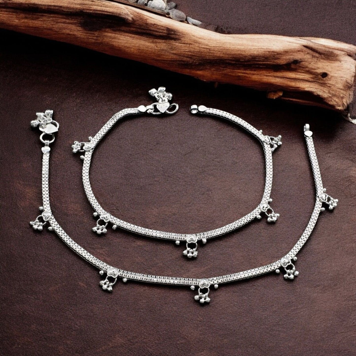 Real Sterling Silver women cultural design Anklet Ankle Pair 10.8"