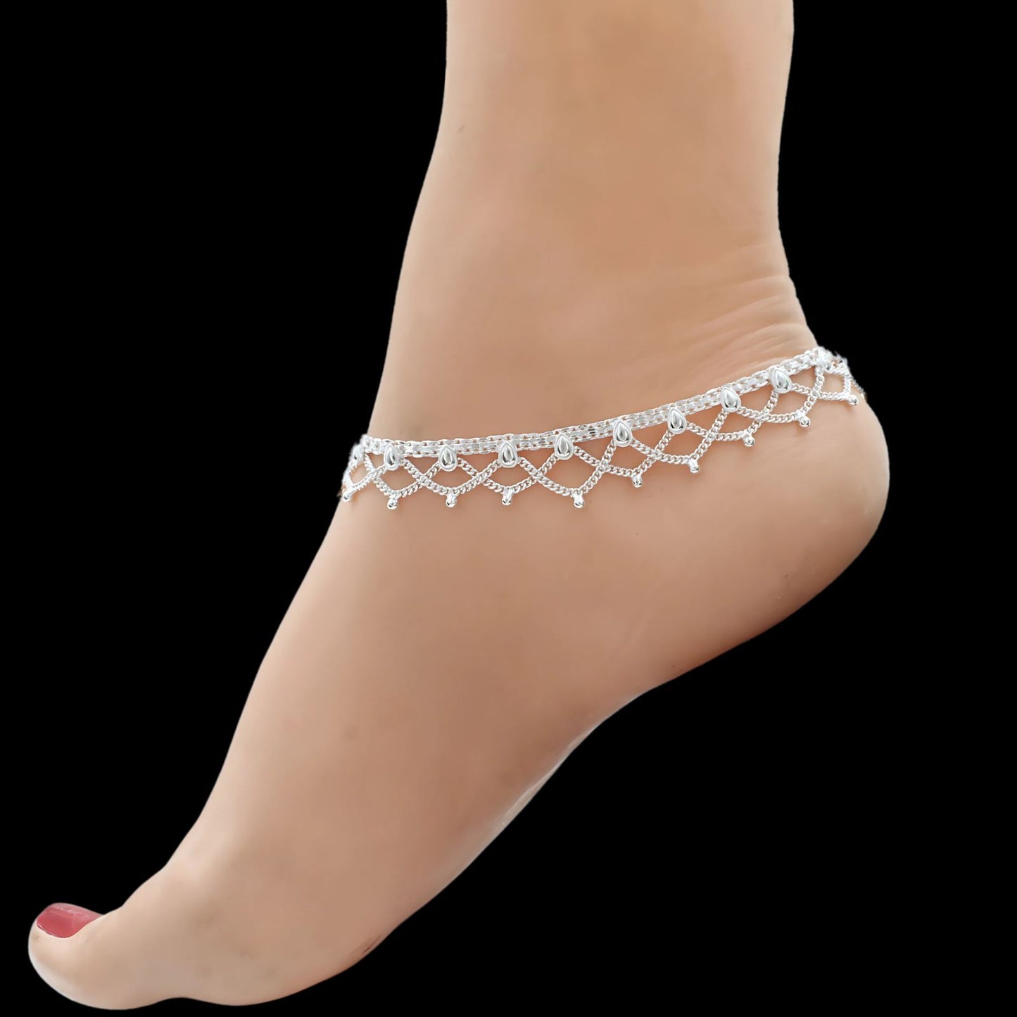 Real Sterling Silver women handmade Jhallar style Anklet Ankle Pair 10.3"