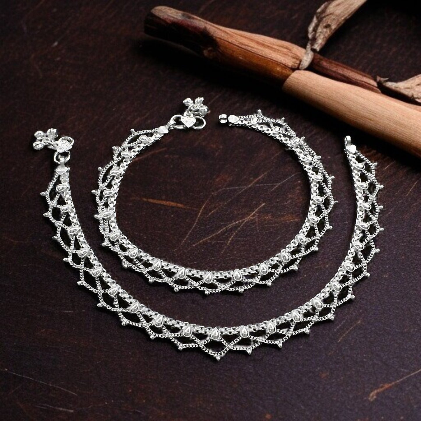 Real Sterling Silver women handmade Jhallar style Anklet Ankle Pair 10.3"