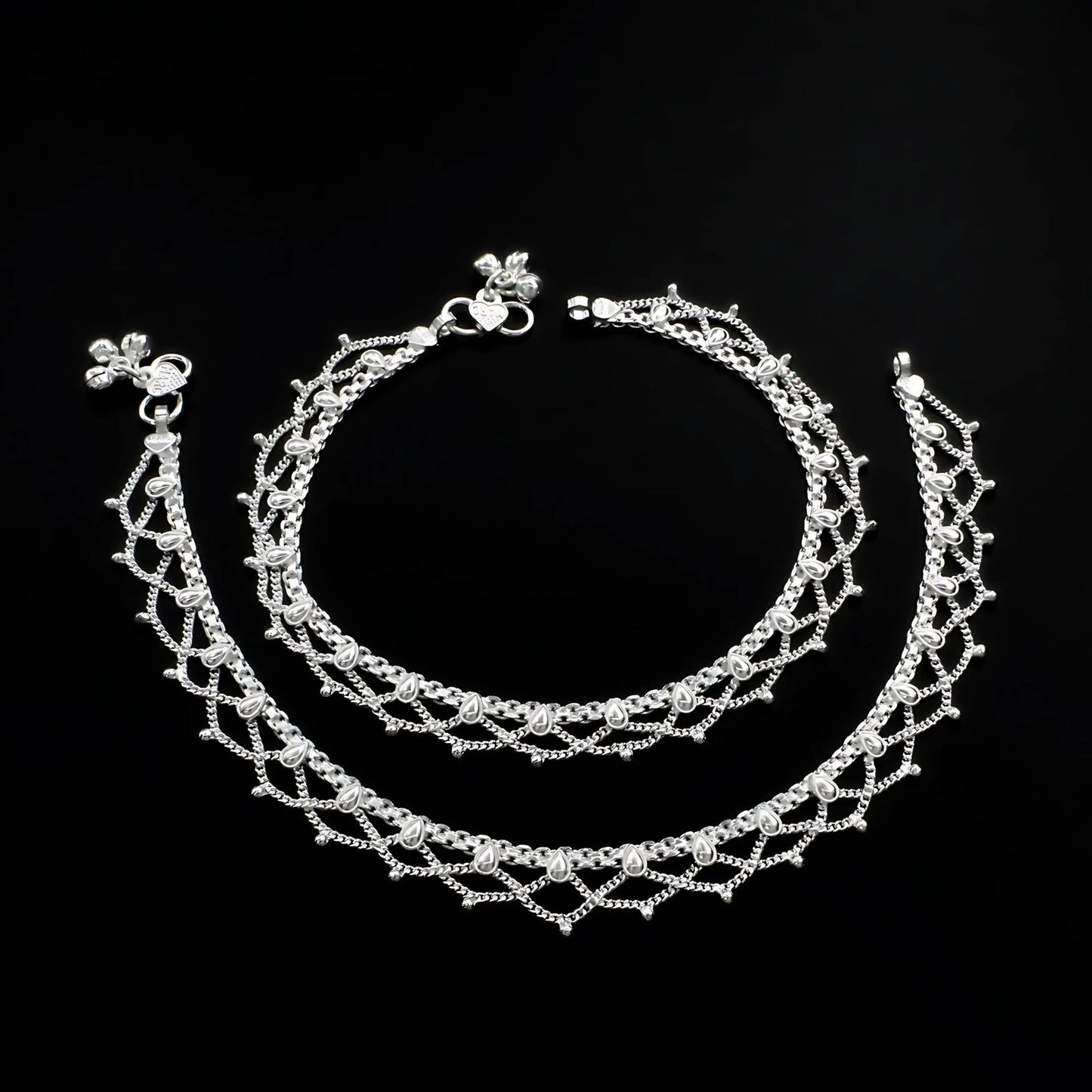 Real Sterling Silver women handmade Jhallar style Anklet Ankle Pair 10.3"