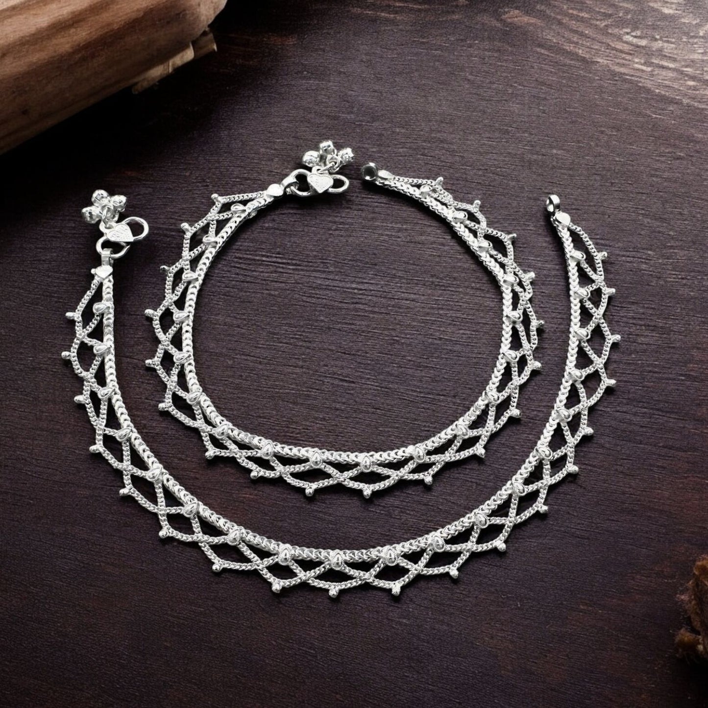 Real Sterling Silver women Jhallar style Anklet Ankle Pair 10.3"