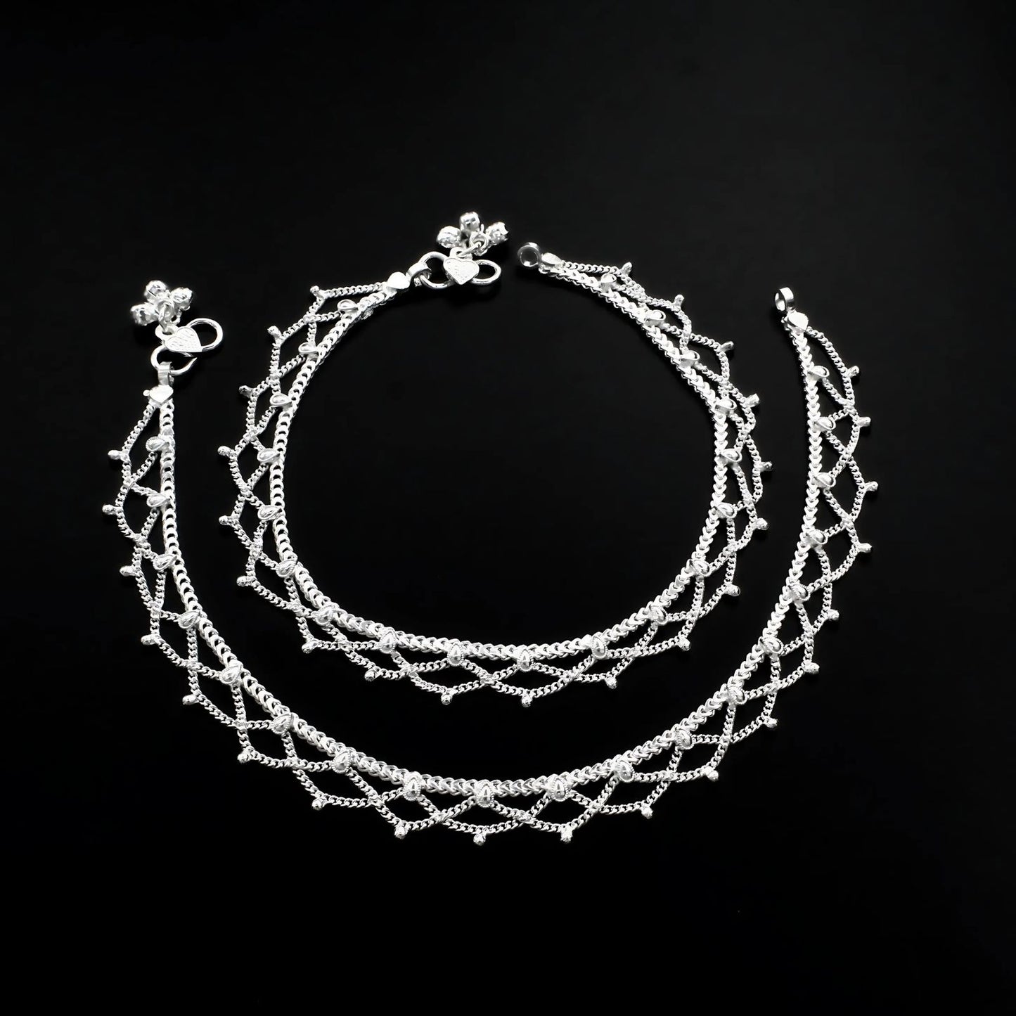 Real Sterling Silver women Jhallar style Anklet Ankle Pair 10.3"