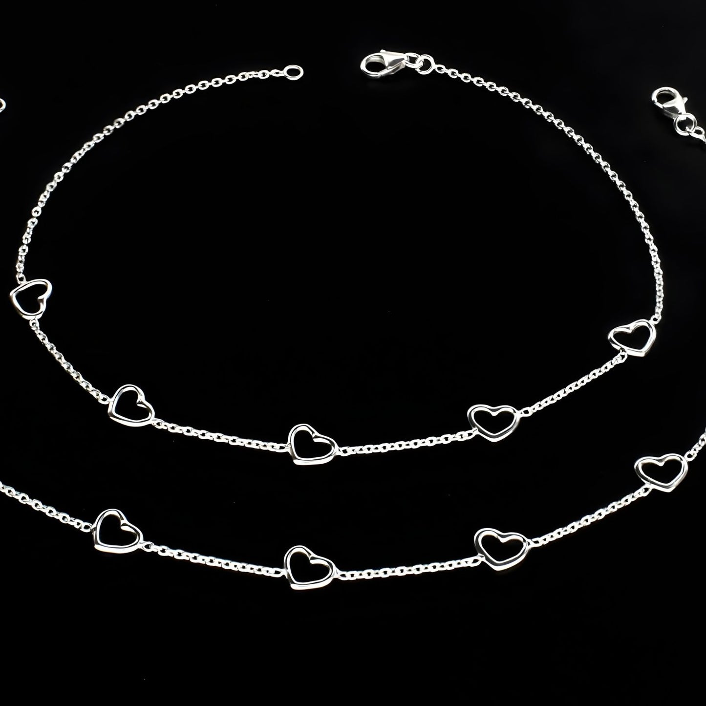 Trendy 925 Sterling Silver girlish five hearts chain Anklet Pair 10.3"