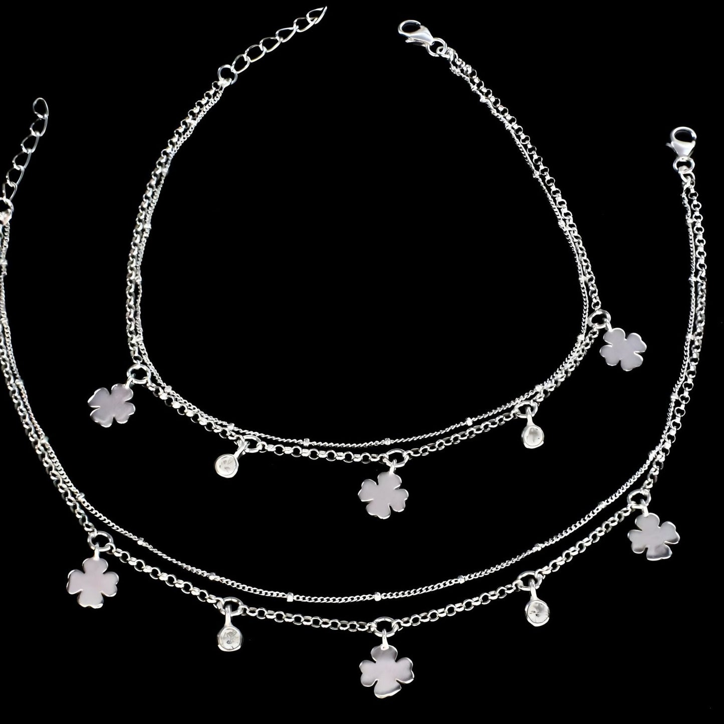 Beach wear 925 Sterling Silver double Layers girlish White CZ Chain Anklet Pair 10.5"