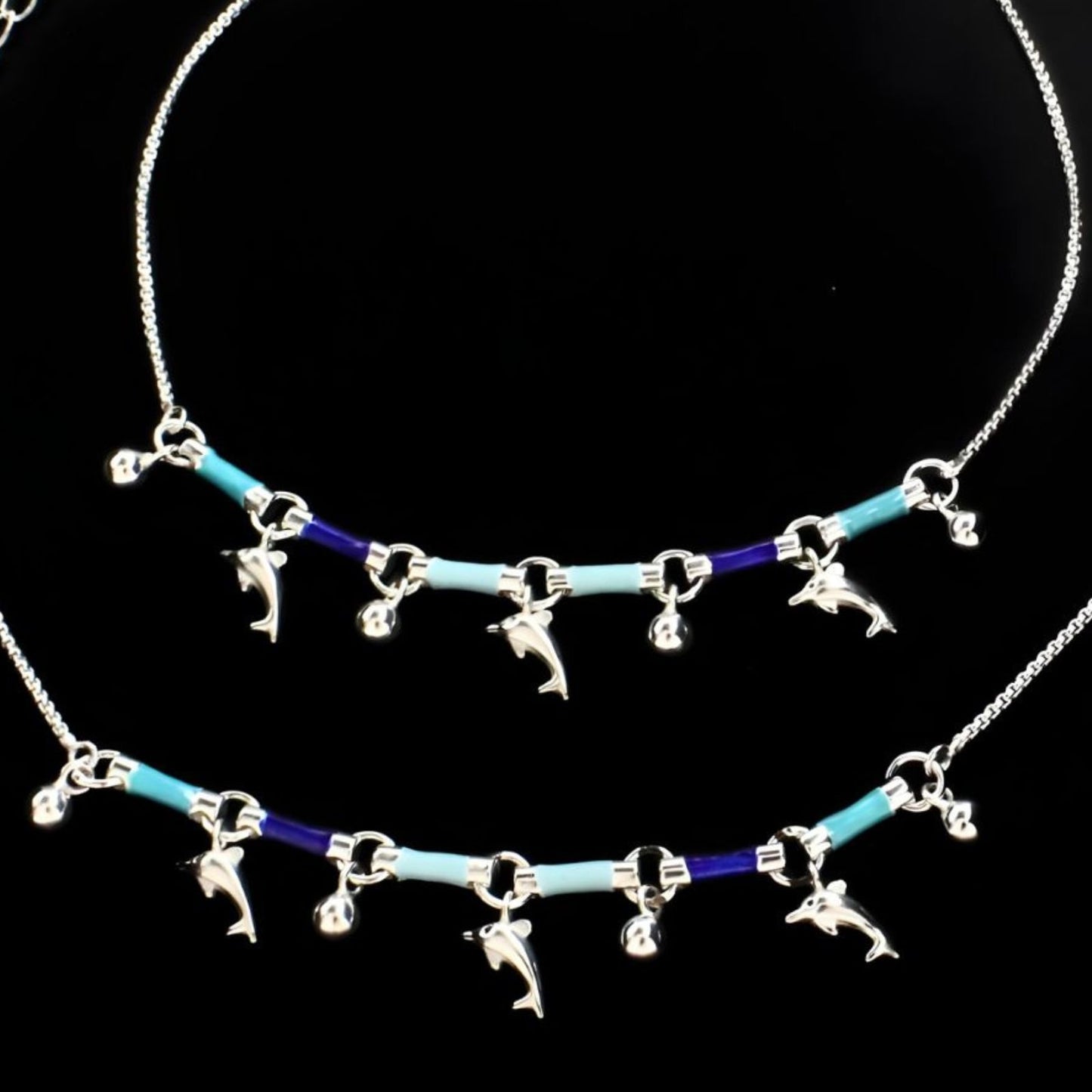 925 Sterling Silver girlish dangle Dolphins charms payal Anklet Pair 10.4"