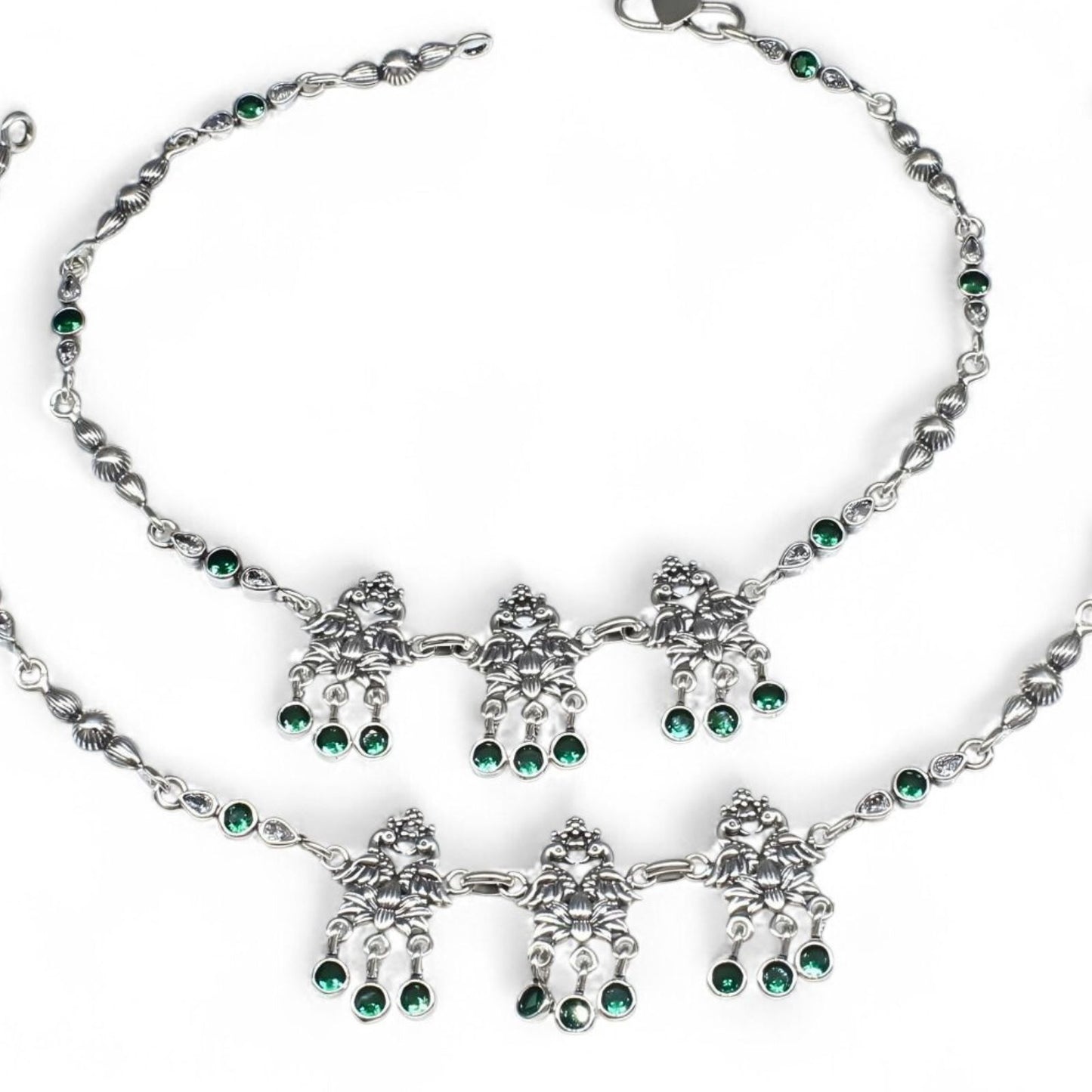 Peacock design jhanjhar 925 Sterling Silver Green white CZ Oxidised women Anklet Pair 10.5"