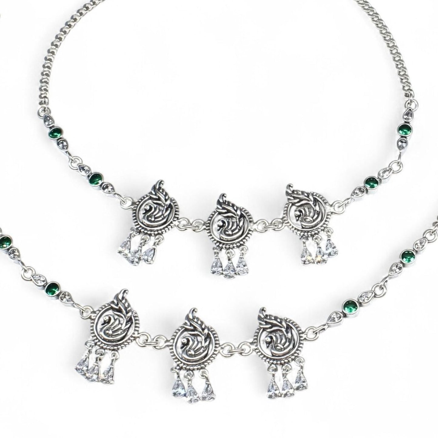 Traditional 925 Sterling Silver Green White CZ Oxidized Peacock design women payal Anklet Pair 10.3"