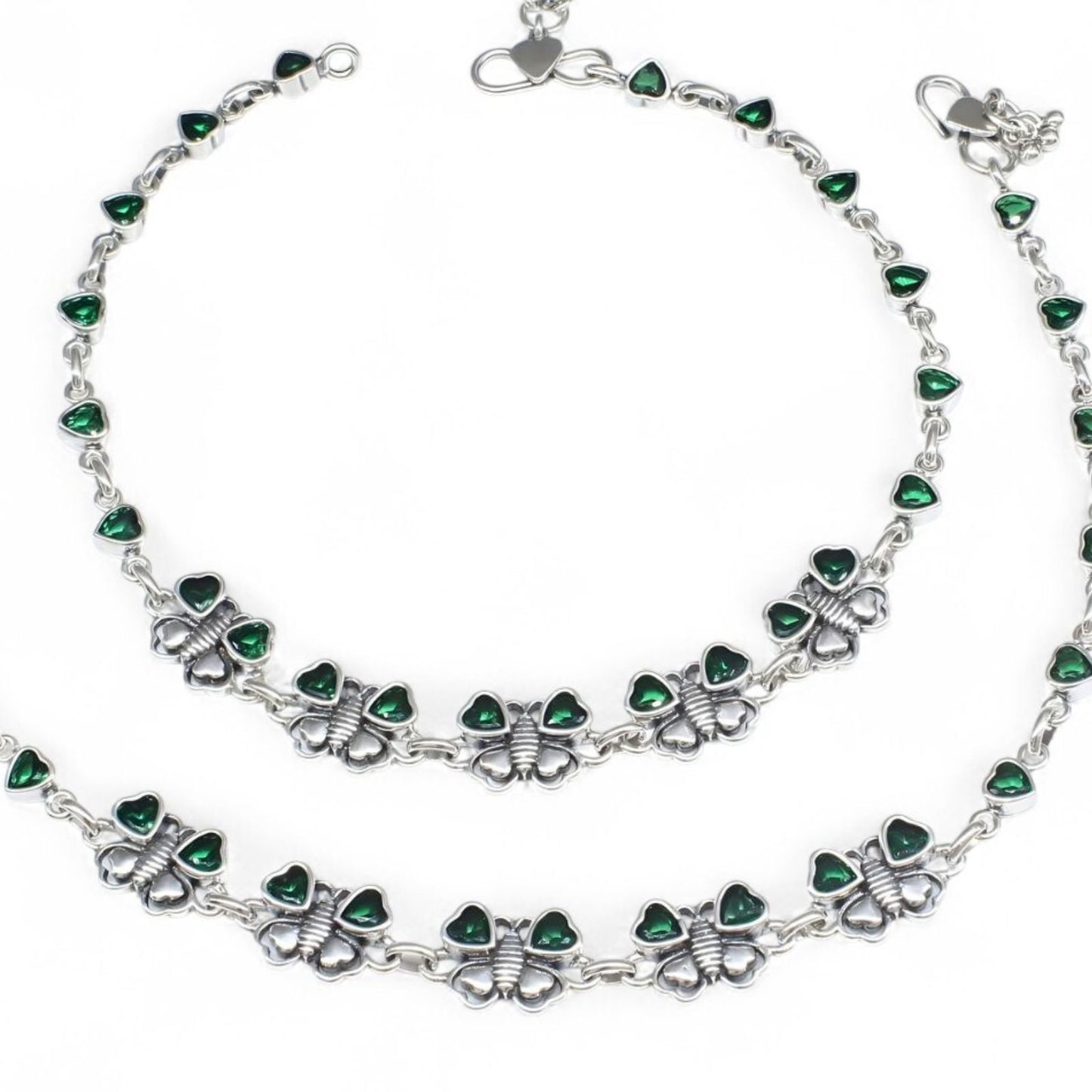 925 Sterling Silver Green CZ Oxidized women Butterfly Anklet Pair 10.5"