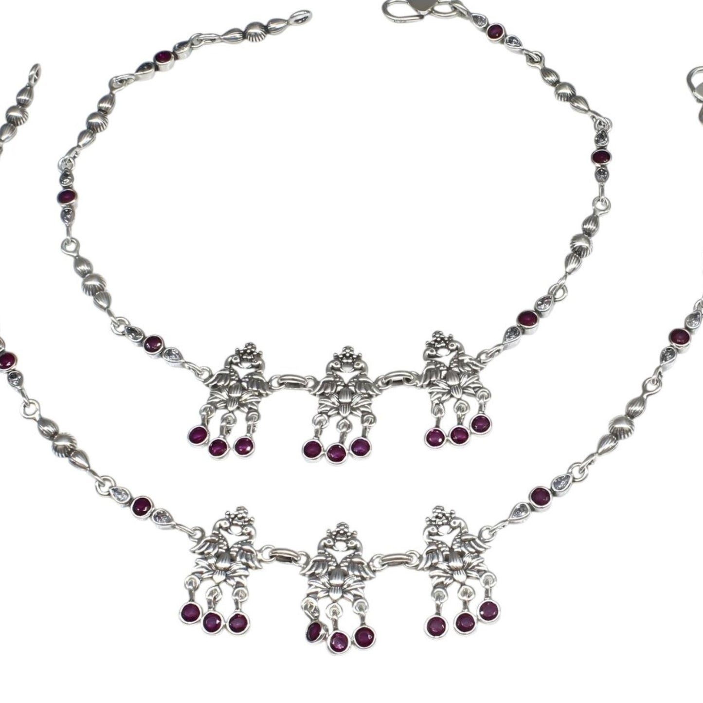 Divine 925 Sterling Silver Pink White CZ Oxidized women peacock Anklet Pair 10.5"