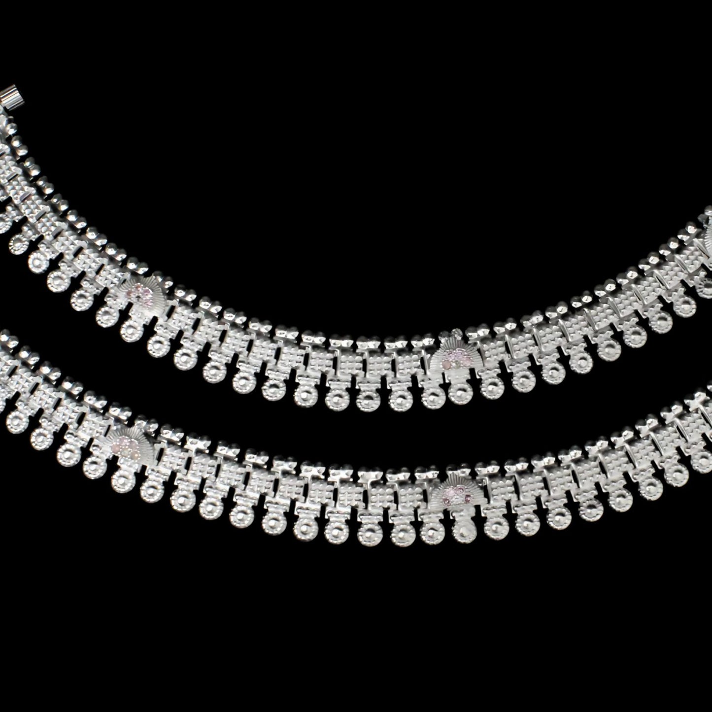 Real Silver Indian women pink white CZ Anklets Ankle Pair 10.3"