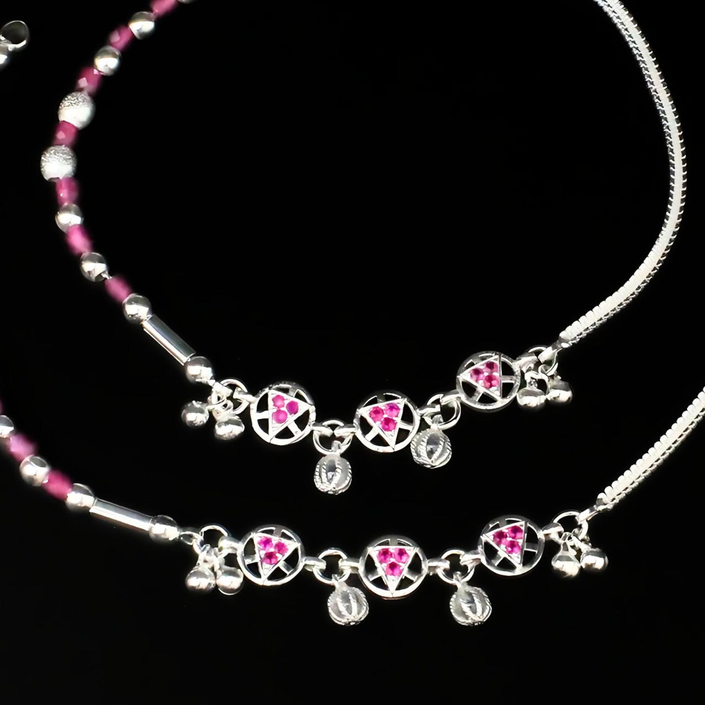 Real Silver Indian women unique trendy pink CZ Anklets Ankle Pair 10.5"