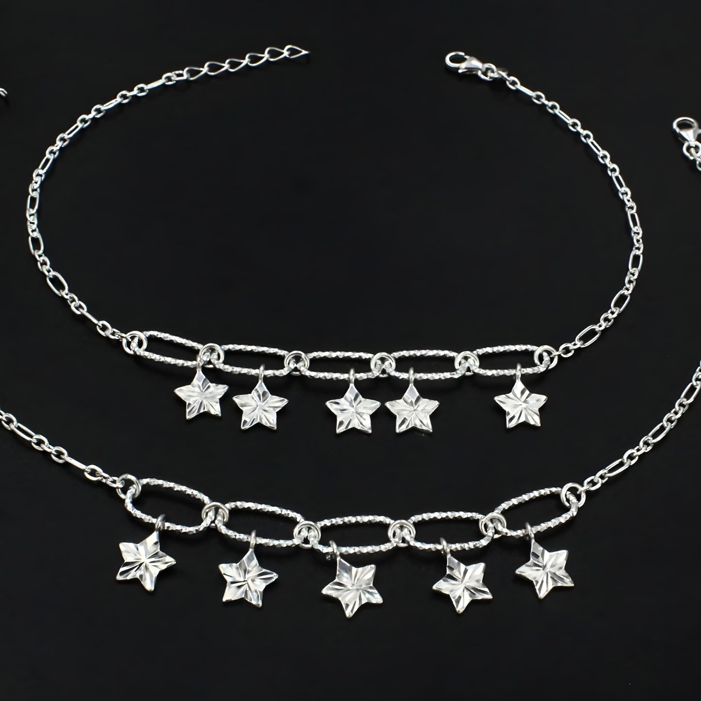 925 Sterling Silver Dazzling Stars Charm Chain Payal Boho Anklet Pair 10.5"