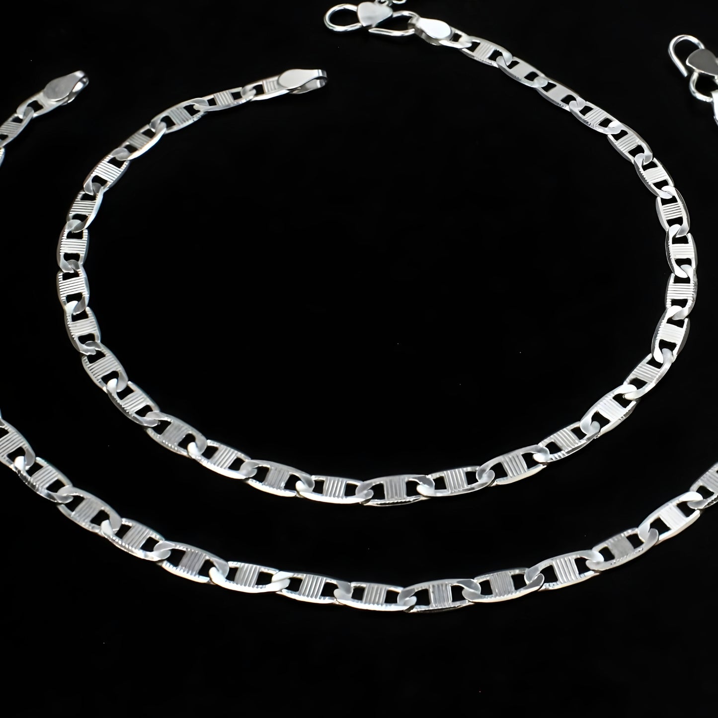 925 Sterling Silver Women Flat Mariner Link Chain Payal Anklet Pair 10.3"