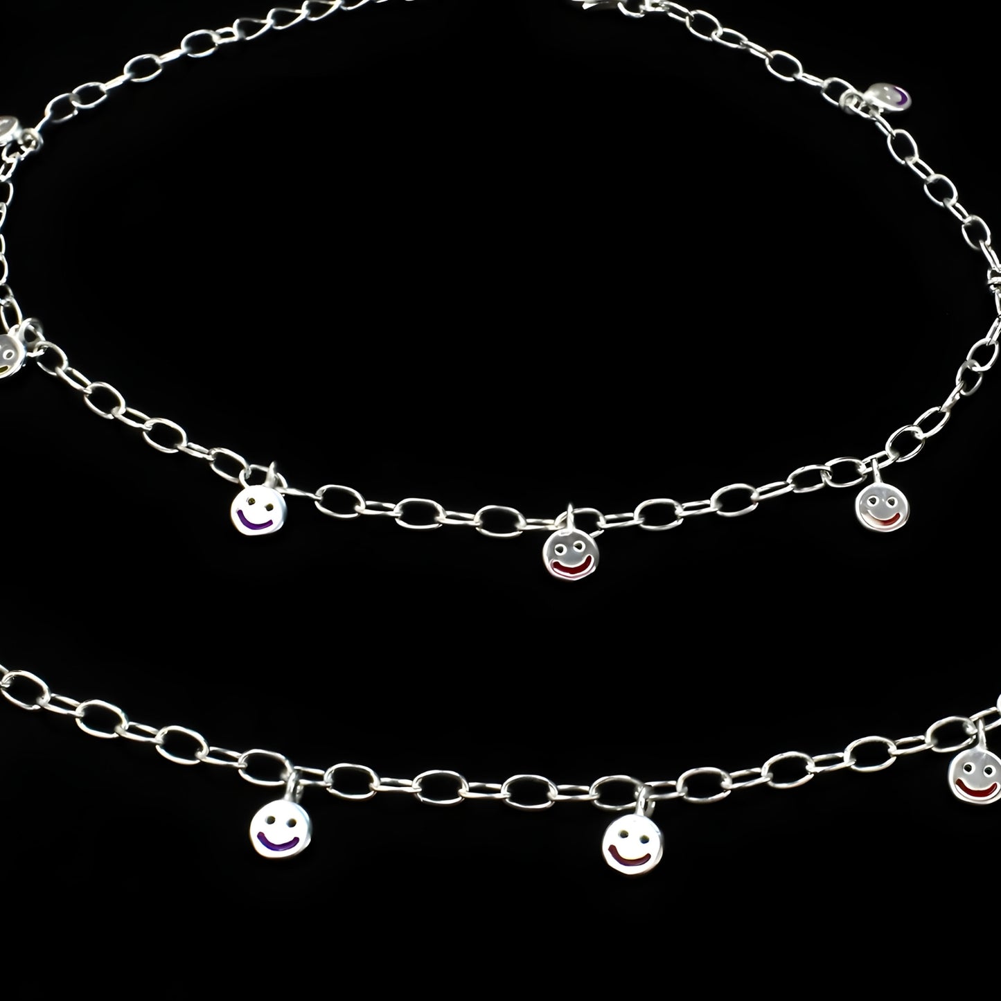 Dainty 925 Sterling Silver Smiley Face Charm Chain Payal Anklet Pair 10.4"