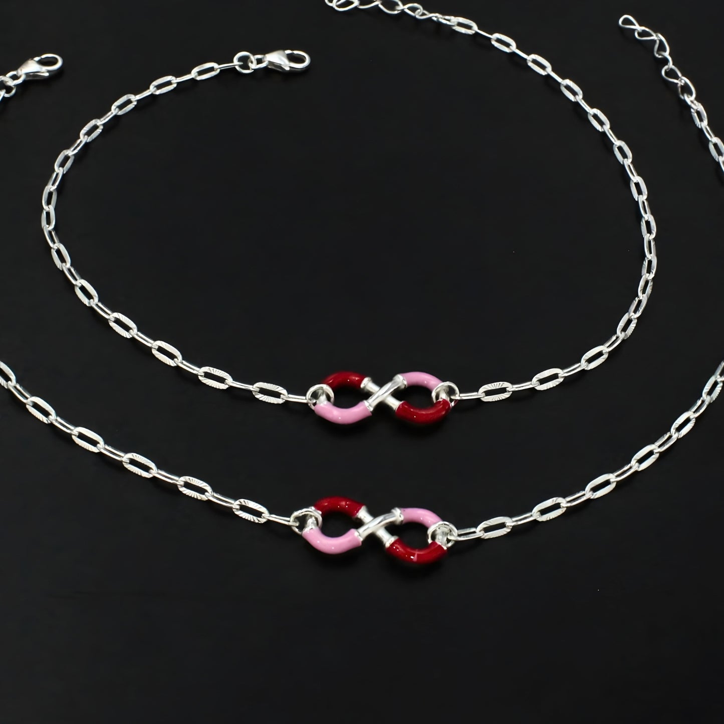 925 Sterling Silver Infinity Chain Women Payal Anklet Pair 10.4"
