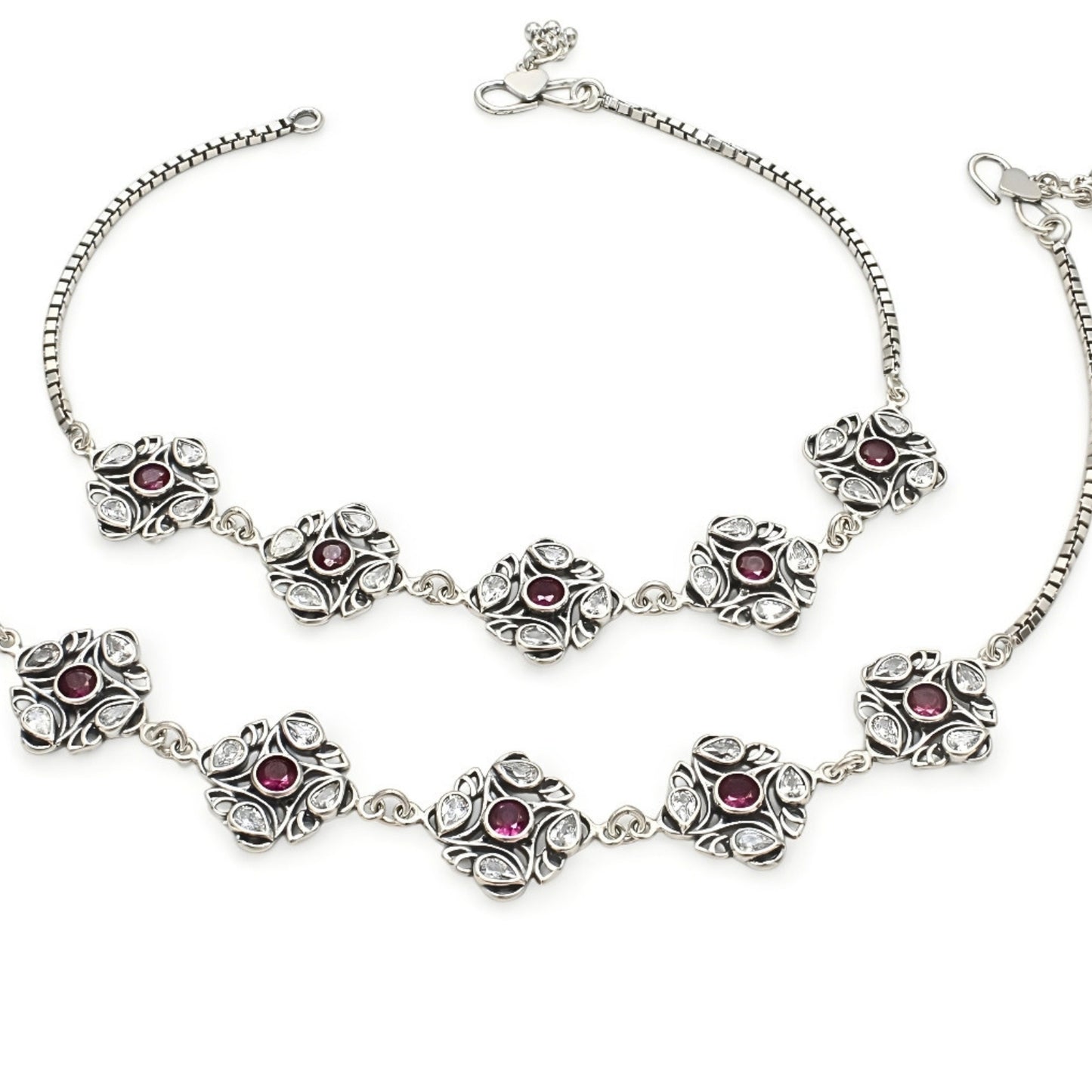 925 Sterling Silver Pink White CZ Oxidised Jhanjhar Anklet Pair 10.5"