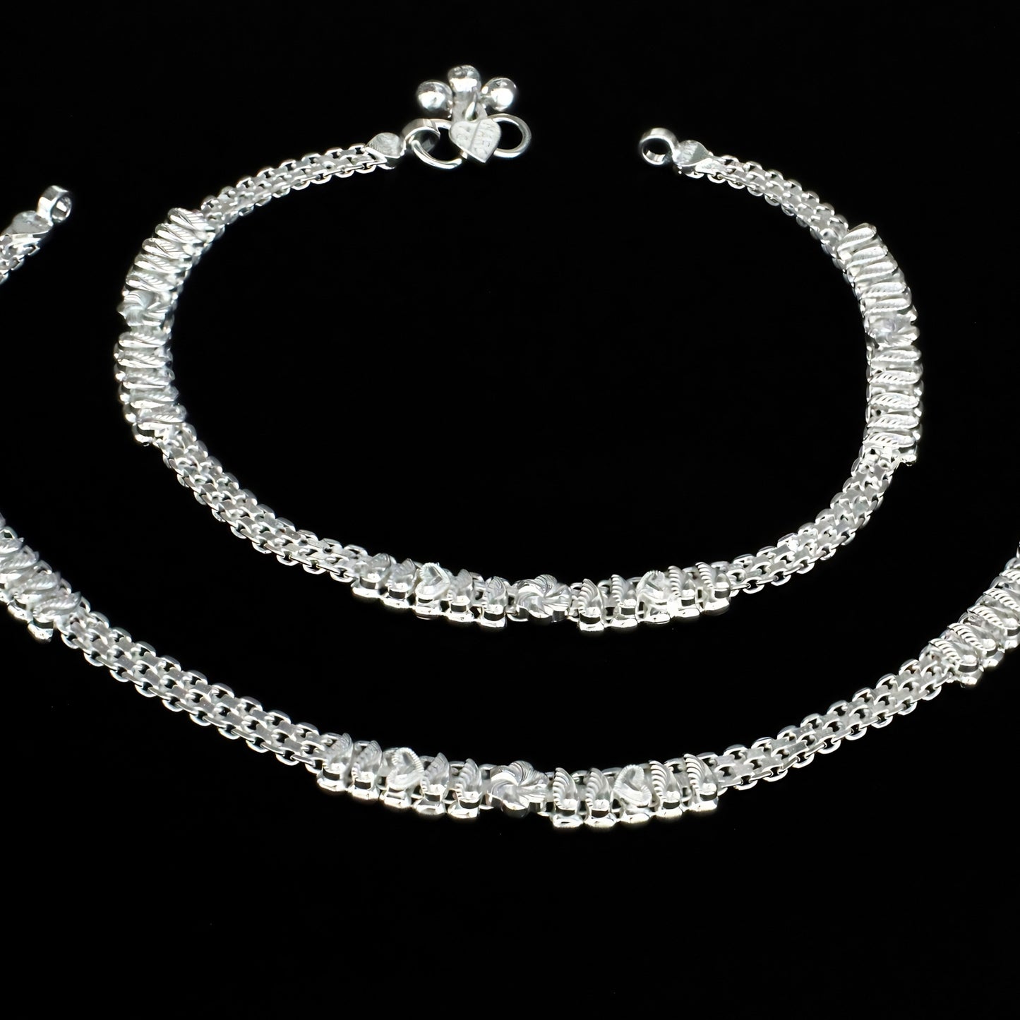 Real Silver Leaf and Flower design Pajeb Women Anklet Pair 10.3"