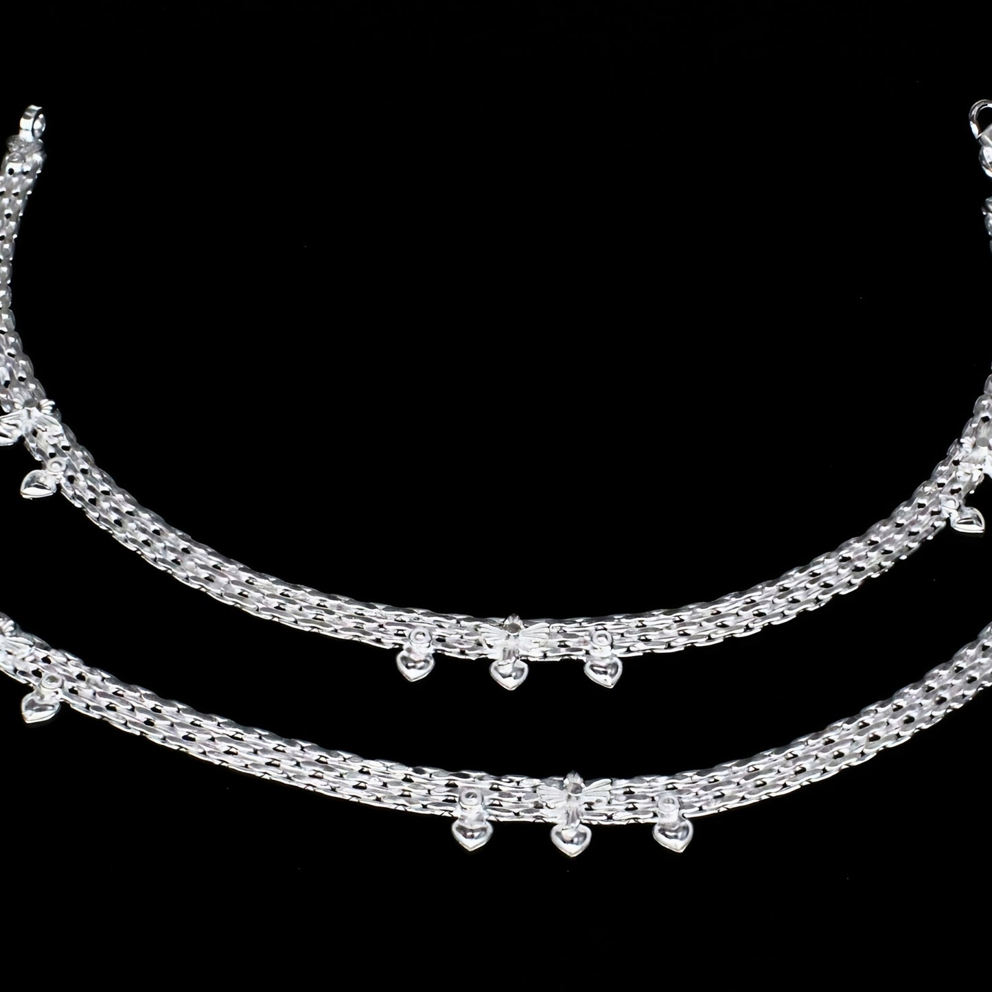 Ethnic Real Silver Heart-Shaped Drops Women Payal Anklet Pair 10.3"
