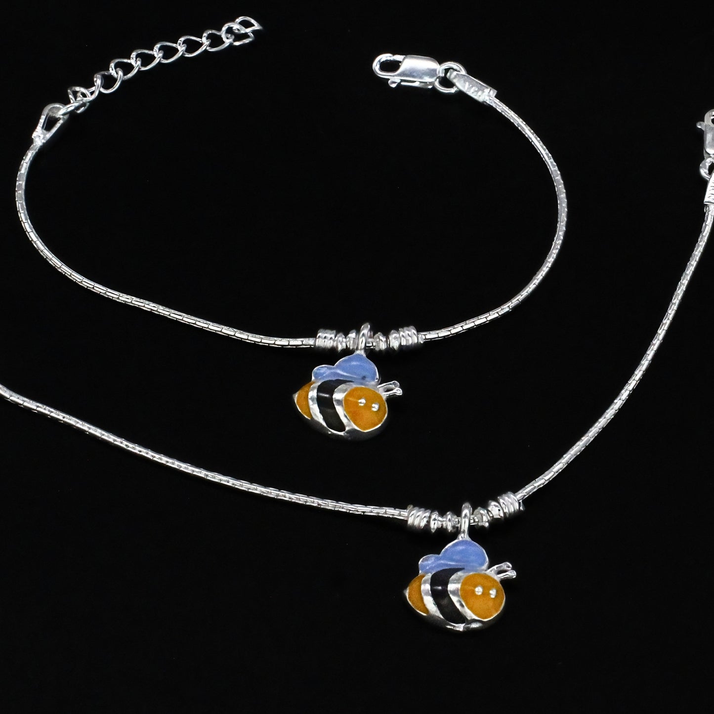 Real Silver Yellow Bee Charm Anklet for Kids