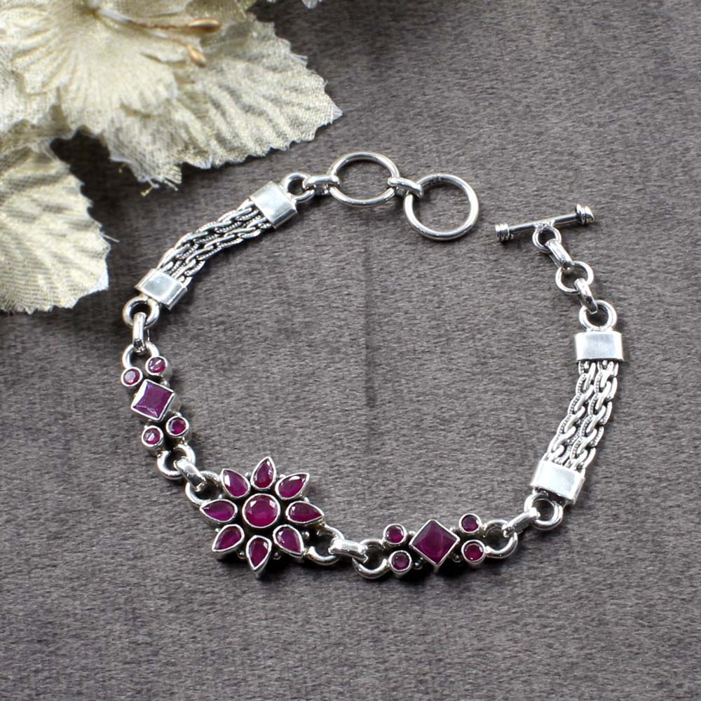 Boho Style Real Silver Cut Stone Oxidized Bracelet